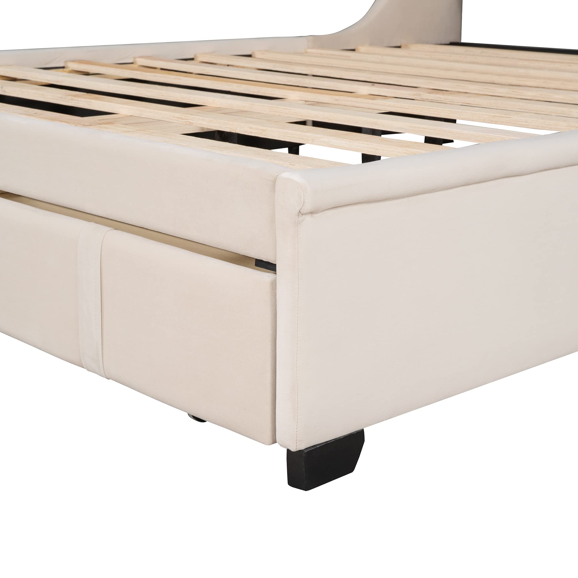 Merax Queen Size Storage Bed with Drawer - Velvet Upholstered Platform Bed Frame with Wingback Headboard & Wooden Slat Support | Beige Bedroom Furniture for Small Spaces & Guest Rooms