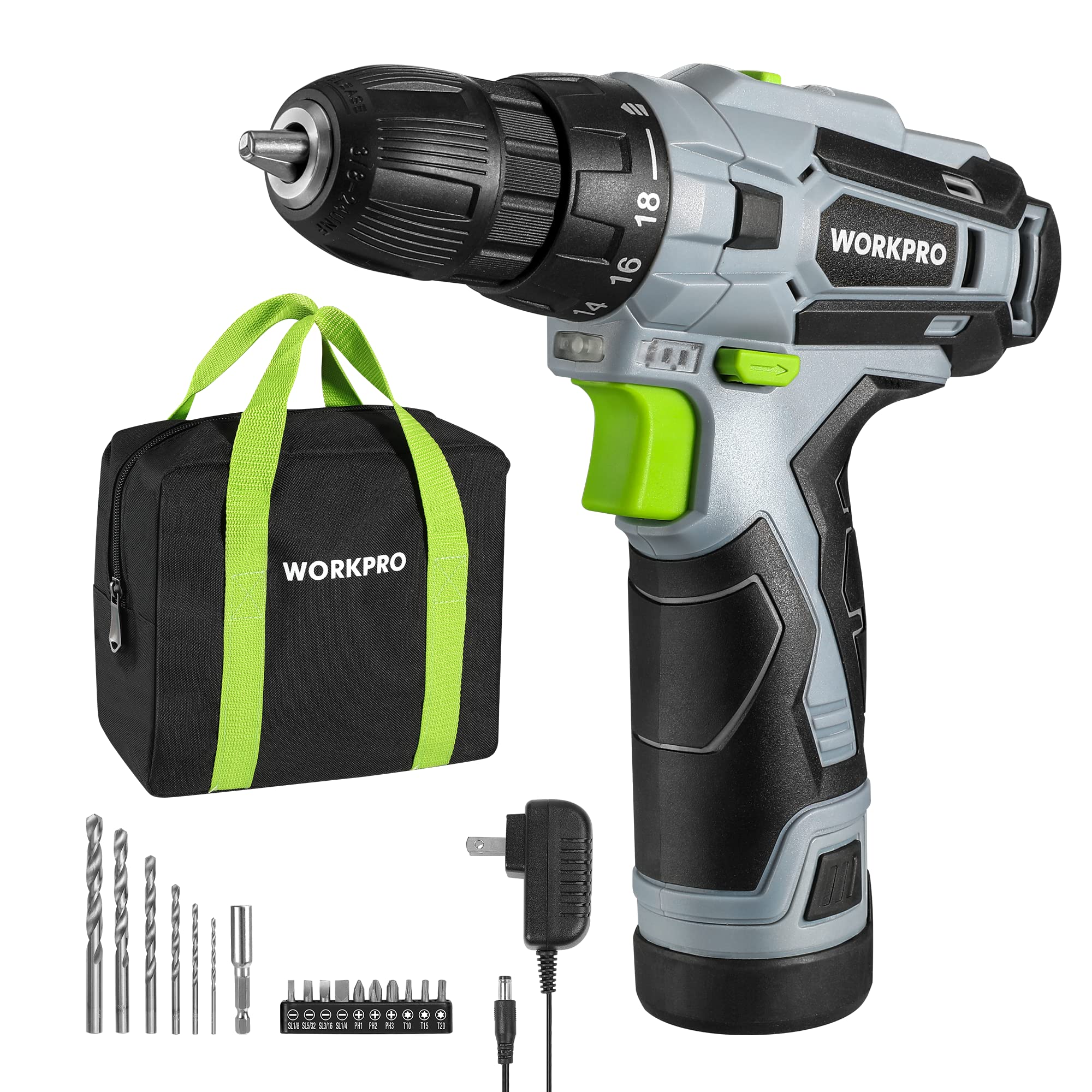 WORKPRO 12V Cordless Drill Driver Kit with 3/8