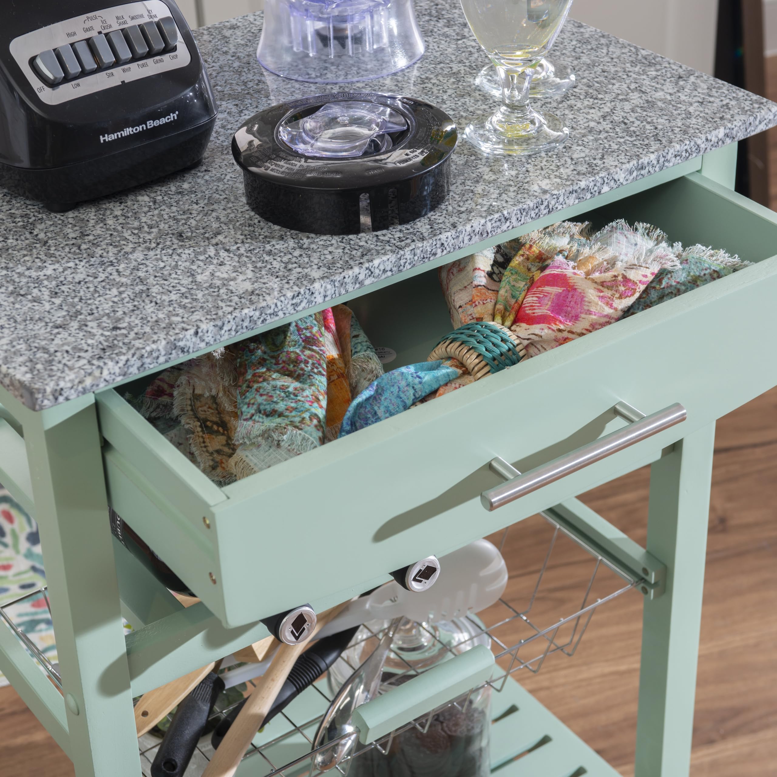 Linon Kitchen Island Cart with Storage, Green, 15.75 x 22.83 x 33.86 Inches - Mobile Kitchen Organizer for Small Spaces, Prep Station & Extra Countertop Storage