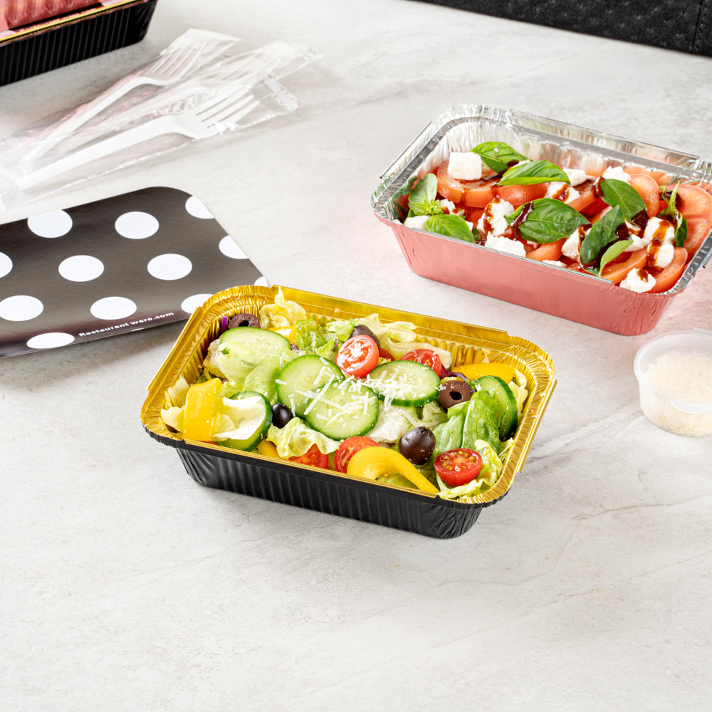 16 oz Black & Gold Aluminum Takeout Containers with Polka Dot Paper Lids - 7.25