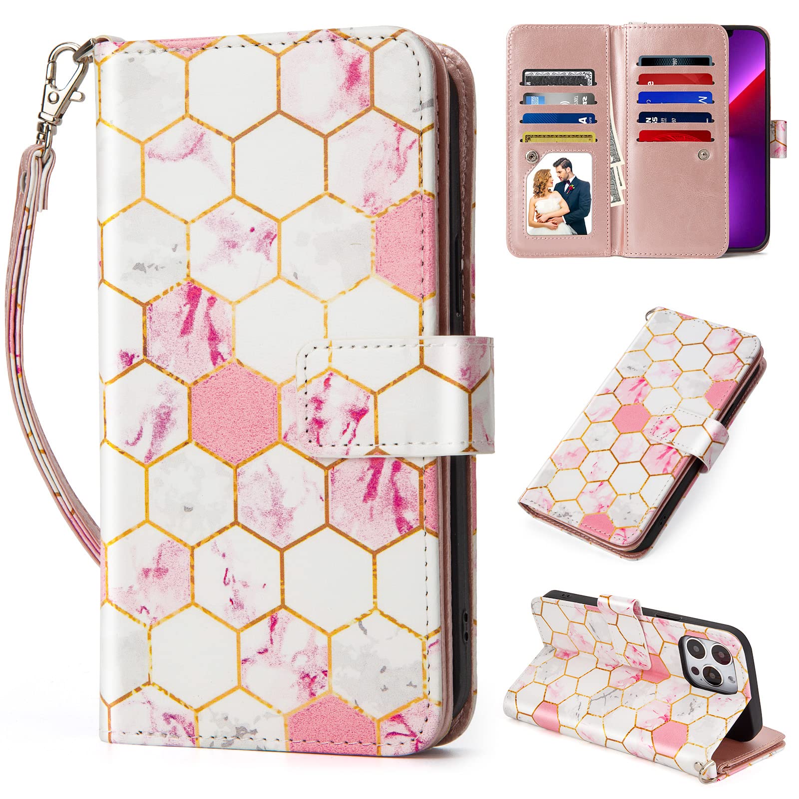 iPhone 13 Pro Max Wallet Case - Genuine Leather Flip Cover with 9 Card Slots & Detachable Wrist Strap for 6.7