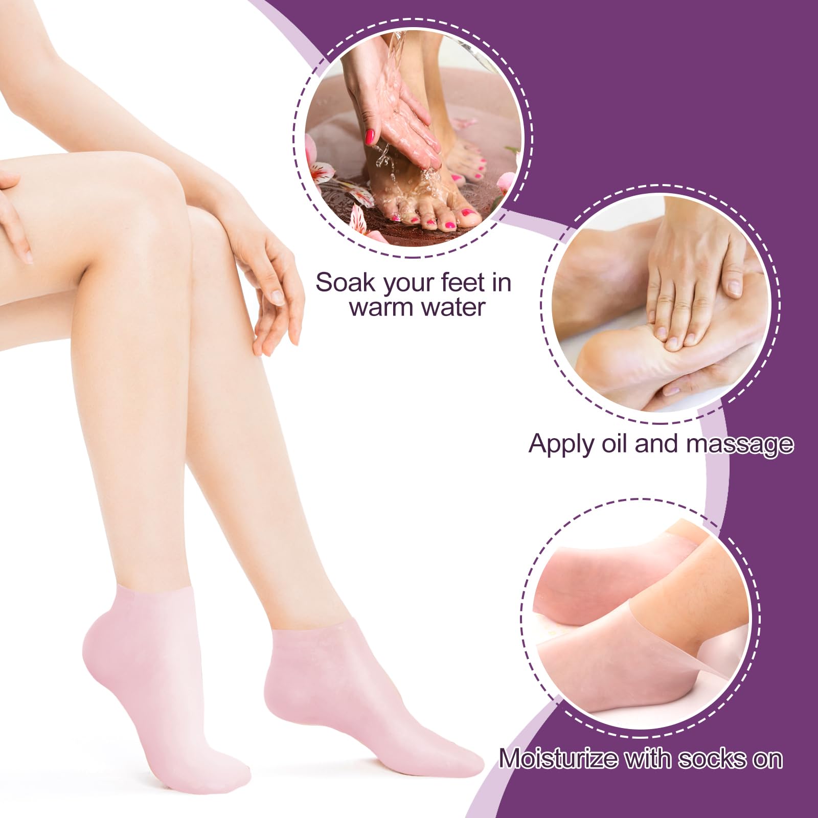 NOVAYARDTM Silicone Moisturizing Socks for Dry Cracked Feet - Anti-Slip Gel Foot Care Socks (3 Pairs: Pink, Nude & White, XL) - Perfect for Overnight Foot Treatment, Pedicure & Cracked Heel Recovery
