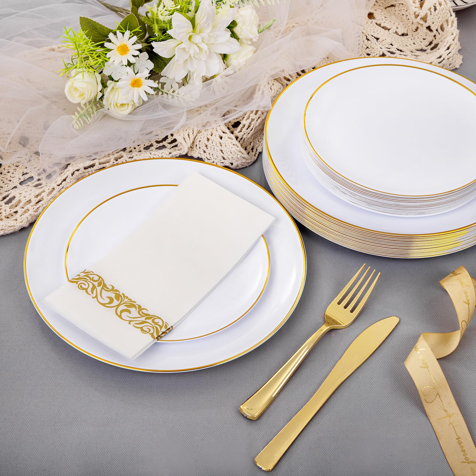 350-Piece Gold & White Plastic Dinnerware Set - 100 Gold-Rimmed Plates, 150 Gold Silverware, 50 Cups & 50 Napkins - Elegant Disposable Tableware for Christmas Parties, Weddings & Special Events