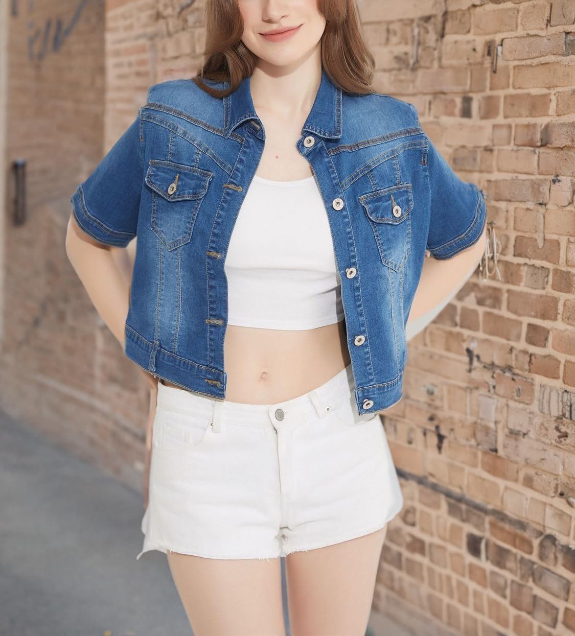 Women's Stretch Denim Jacket - Short Sleeve Button Down Jean Jacket with Shawl Collar | Casual Spring & Summer Outerwear for Street Style & Date Nights
