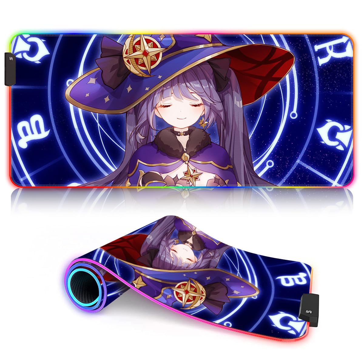 HEYCE Extended RGB Gaming Mouse Pad with Genshin Impact Mona Design - 60x35x0.3cm Large LED Mouse Mat for PC, Laptop, Home & Office Use - Perfect for Gaming Setups and Workstations
