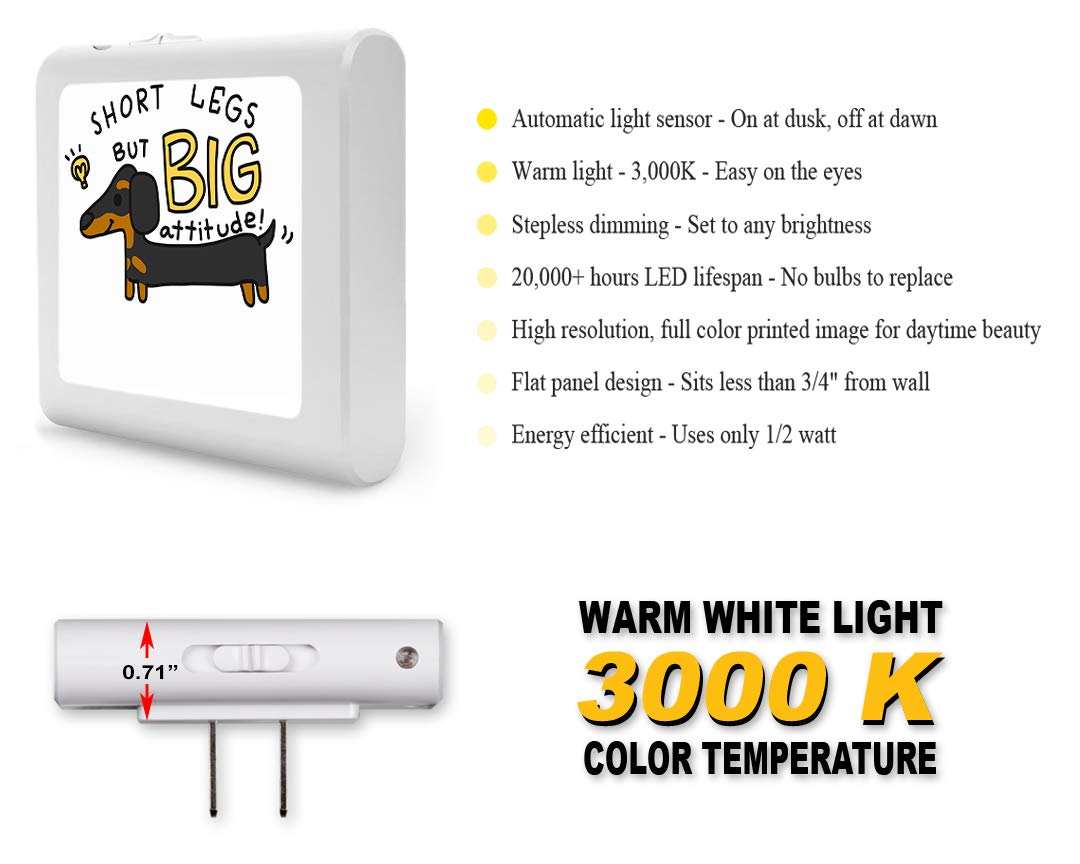Dimmable LED Night Light with Auto On/Off Sensor - Adjustable Brightness & Warm White Light for Bathroom, Hallway, Nursery - Dachshund Design Short Legs Big Attitude - Perfect for Nighttime Safety & Cozy Ambience