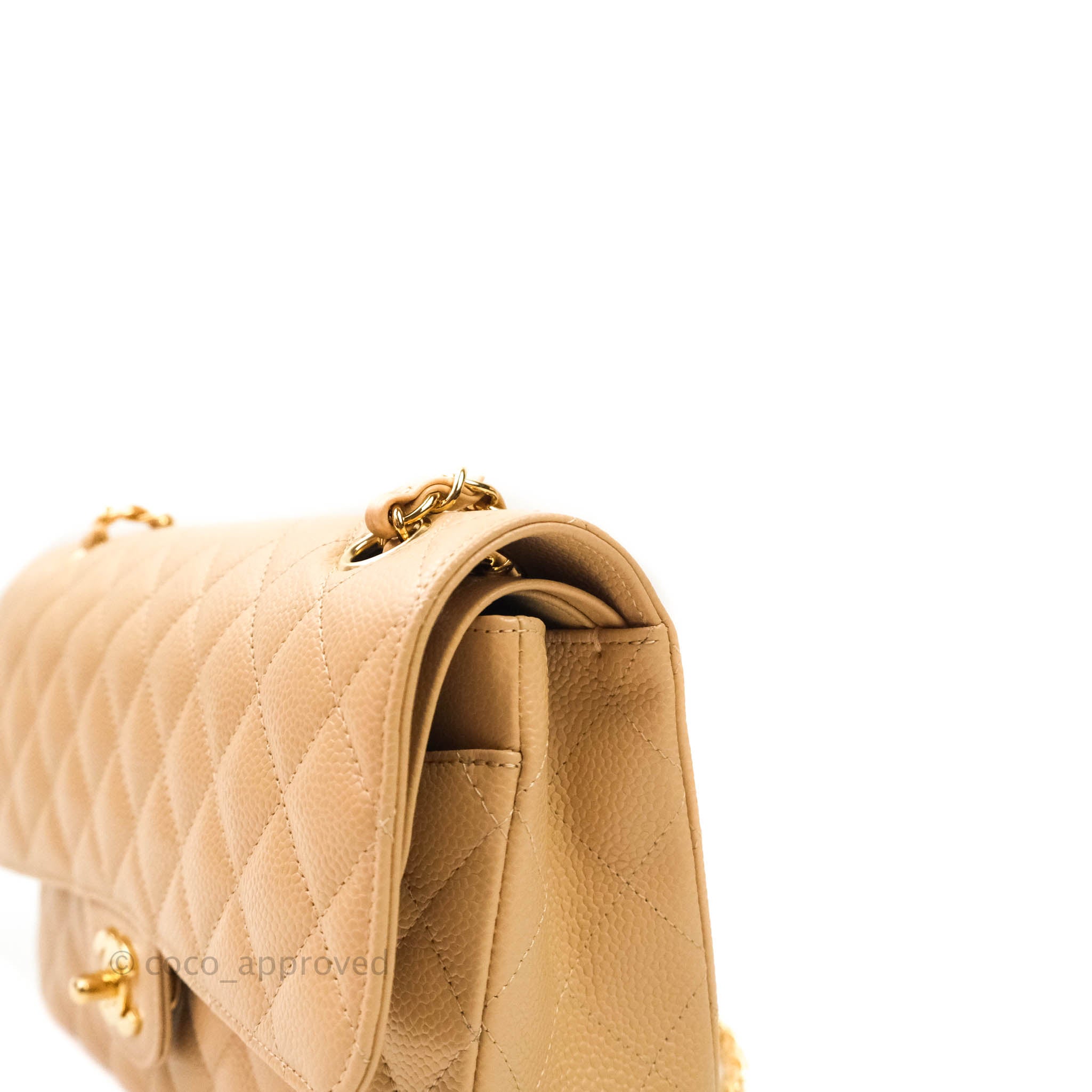 Chanel Classic Medium Double Flap Bag in Beige Caviar Leather with Gold Hardware - Luxury Handbag for Women, Perfect for Work, Evening Events & Special Occasions