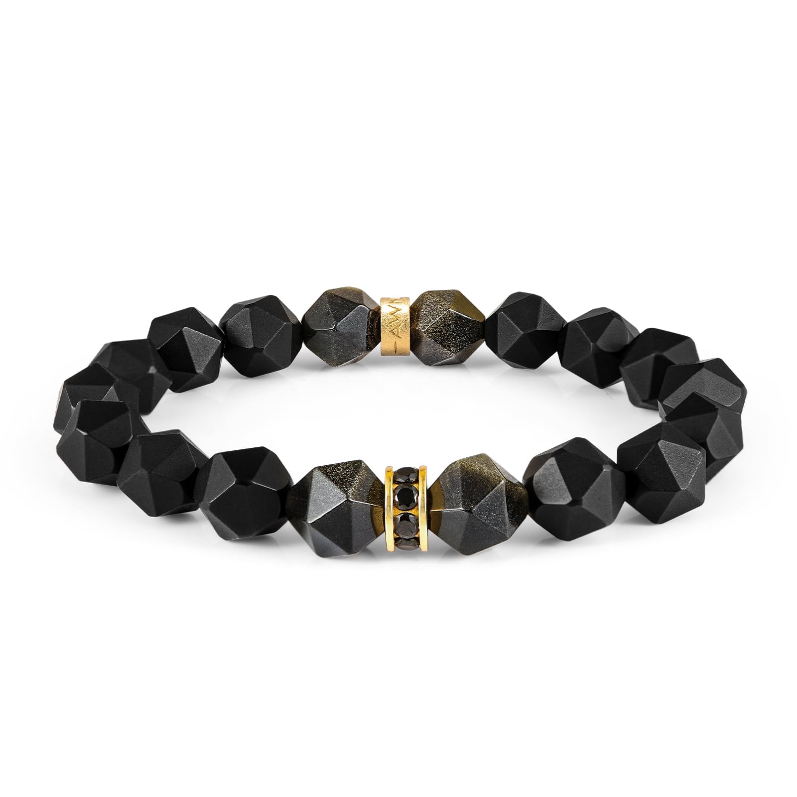 Men's Beaded Bracelet with Tiger Eye, Onyx & Obsidian Natural Gemstones (10mm) - Premium Sterling Silver Protection Charm, Handmade Stretch Bracelet Gift for Men (5.9''-8'') - Perfect for Yoga, Meditation & Spiritual Healing