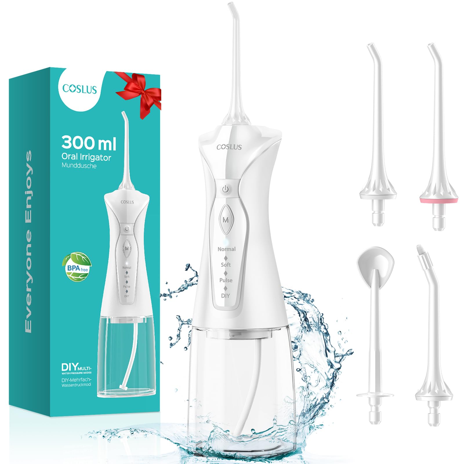 COSLUS Cordless Water Dental Flosser - 300ML Large Tank, 4 Cleaning Modes, IPX7 Waterproof Teeth Cleaner for Home & Travel | Perfect for Braces, Bridges & Oral Hygiene Care (White C30 Model FC5360)