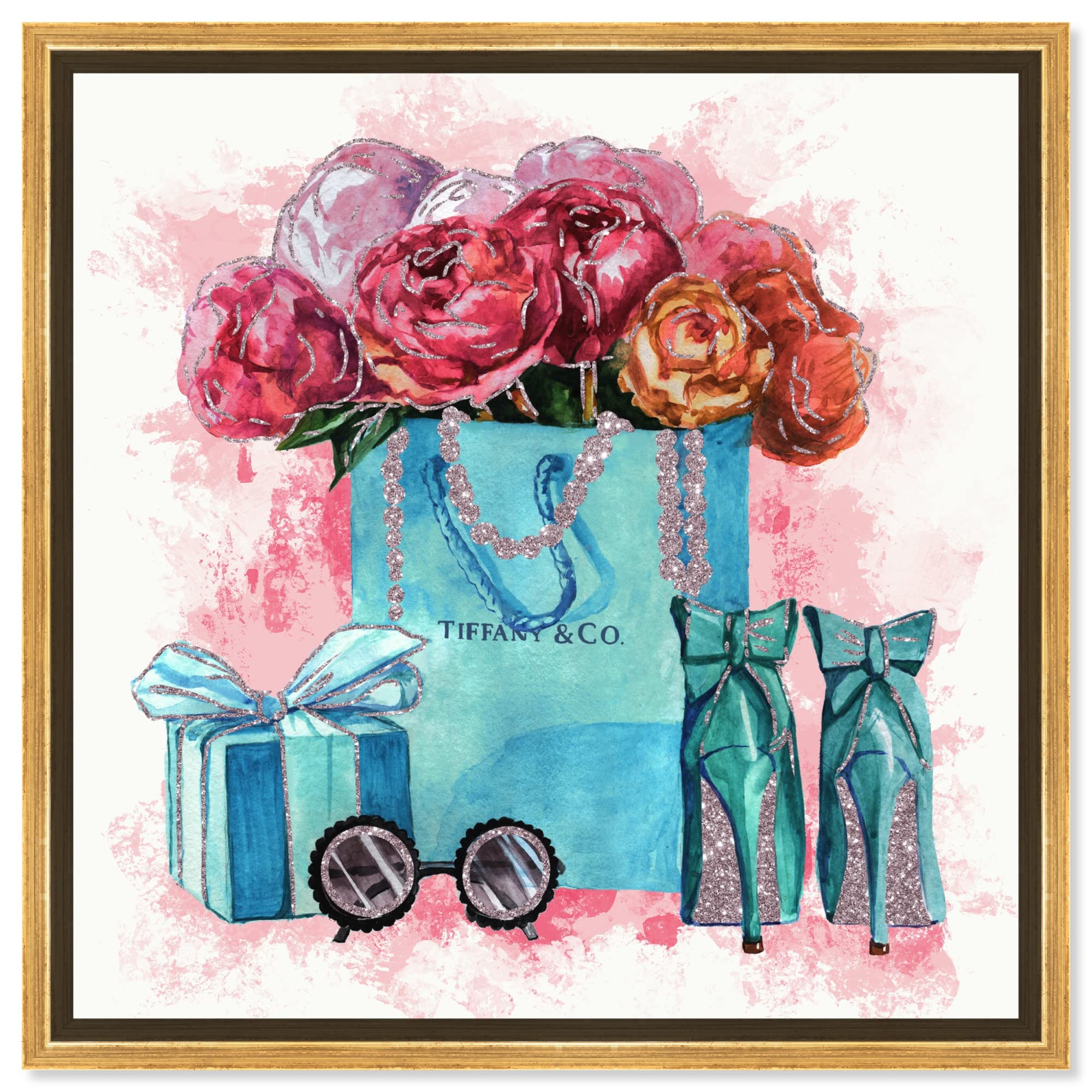 Oliver Gal Artist Co. 'Sparkle Blue Jewelry' Framed Canvas Wall Art - Fashion & Glam Decor for Living Room, Bedroom & Office