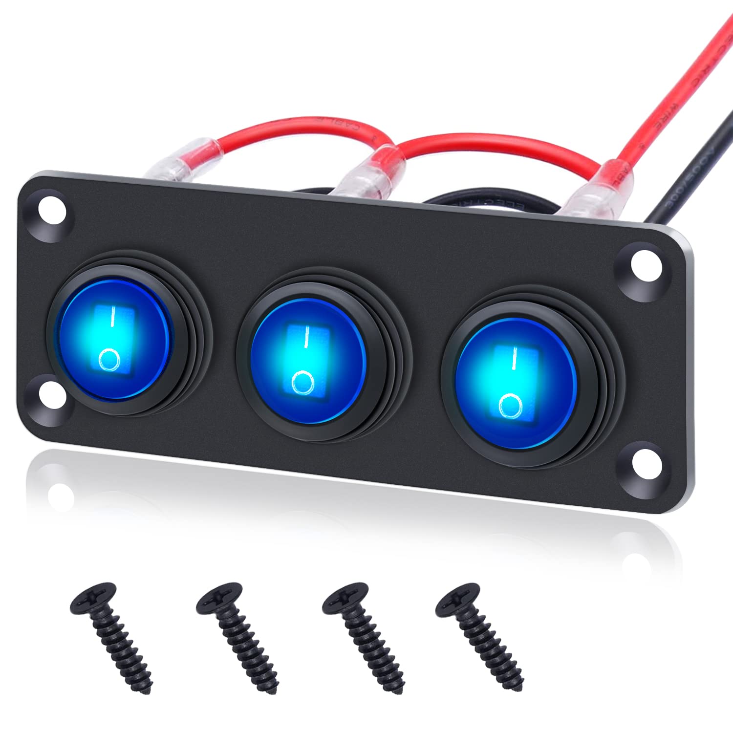 Mankk 3 Gang Rocker Switch Panel with 12V 20A LED Light - Waterproof Toggle Switch 3 Pin On/Off Blue LED Lighted Pre-Wired Round SPST Switch for Automotive, RV, Boat, Trailer, Marine & Off-Road Vehicles - Perfect for Dashboards, Control Panels & Electrical Systems