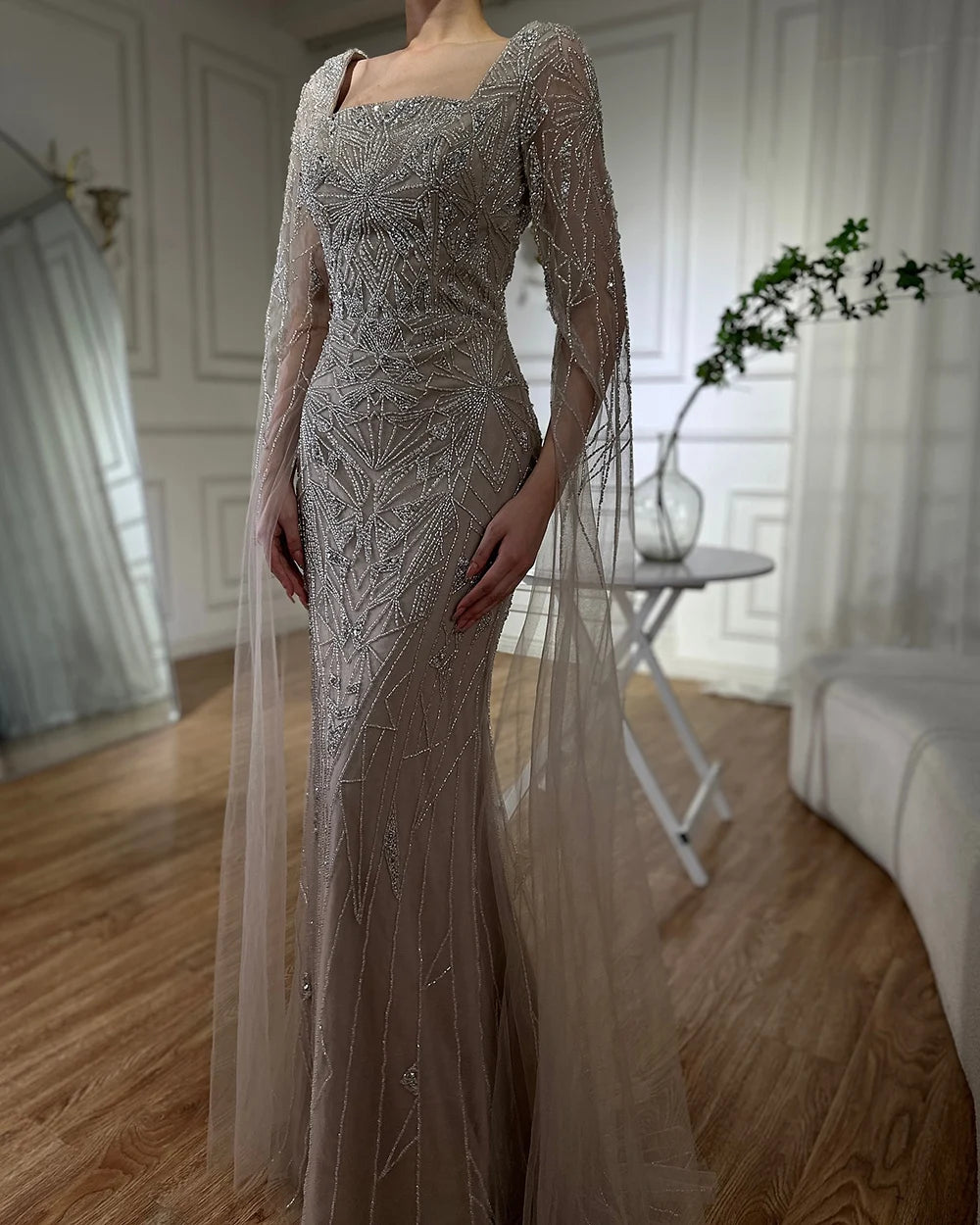 Luxury Dubai Arabic Nude Cape Sleeves Mermaid Saudi Evening Dresses Beaded Formal Party Gowns for Women - Elegant Wedding, Prom, Gala & Special Occasion Wear LA72261B