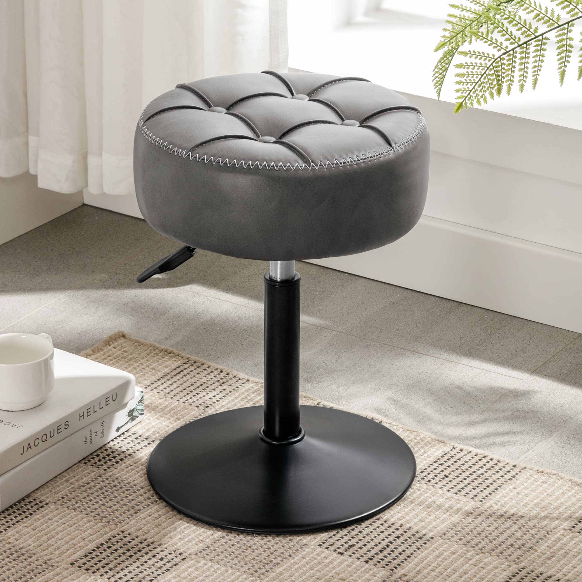 LUE BONA Adjustable Vanity Stool with 360° Swivel - Small Faux Leather Makeup Chair Stool for Bathroom, Bedroom & Living Room - Grey Modern Vanity Seat for Dressing Table, Beauty Salon & Home Decor