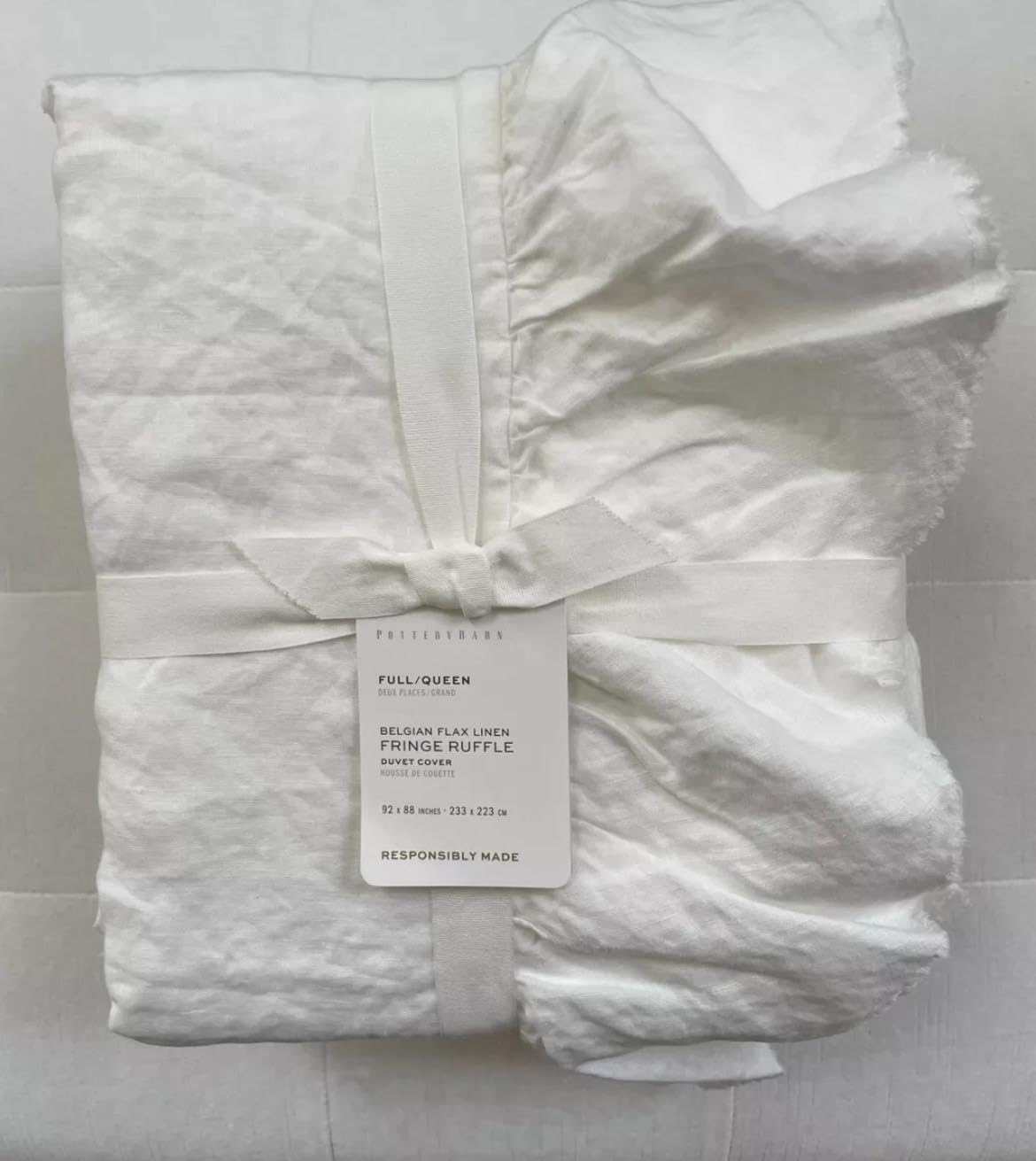 Pottery Barn Belgian Flax Linen Fringe Ruffle Duvet Cover Set - Full/Queen Size, White - Luxury Bedding for Master Bedroom & Guest Room Decor