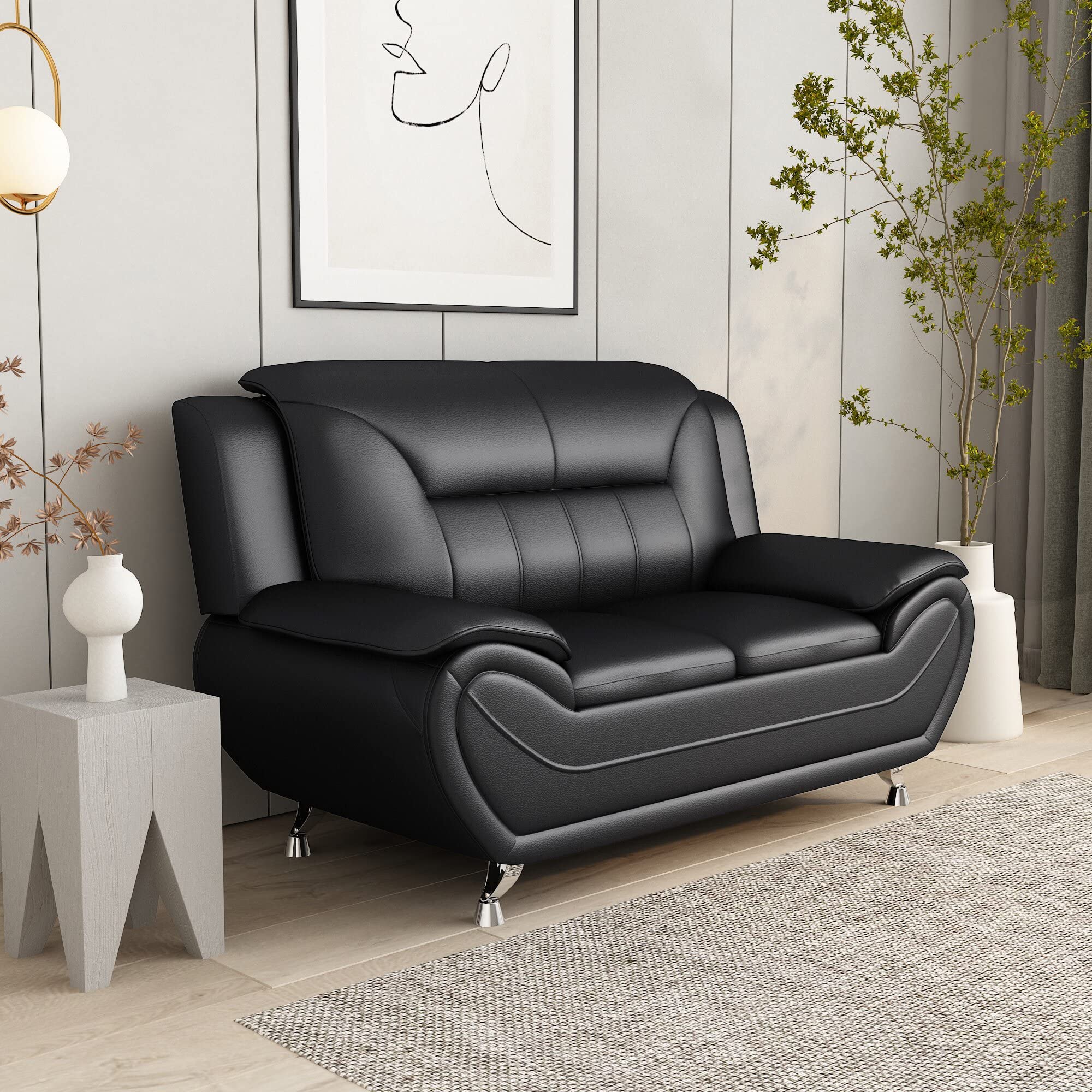 Michael Modern Faux Leather Loveseat with Stainless Steel Legs - Midnight Black | Comfortable Small Sofa for Living Room, Apartment & Office Waiting Area
