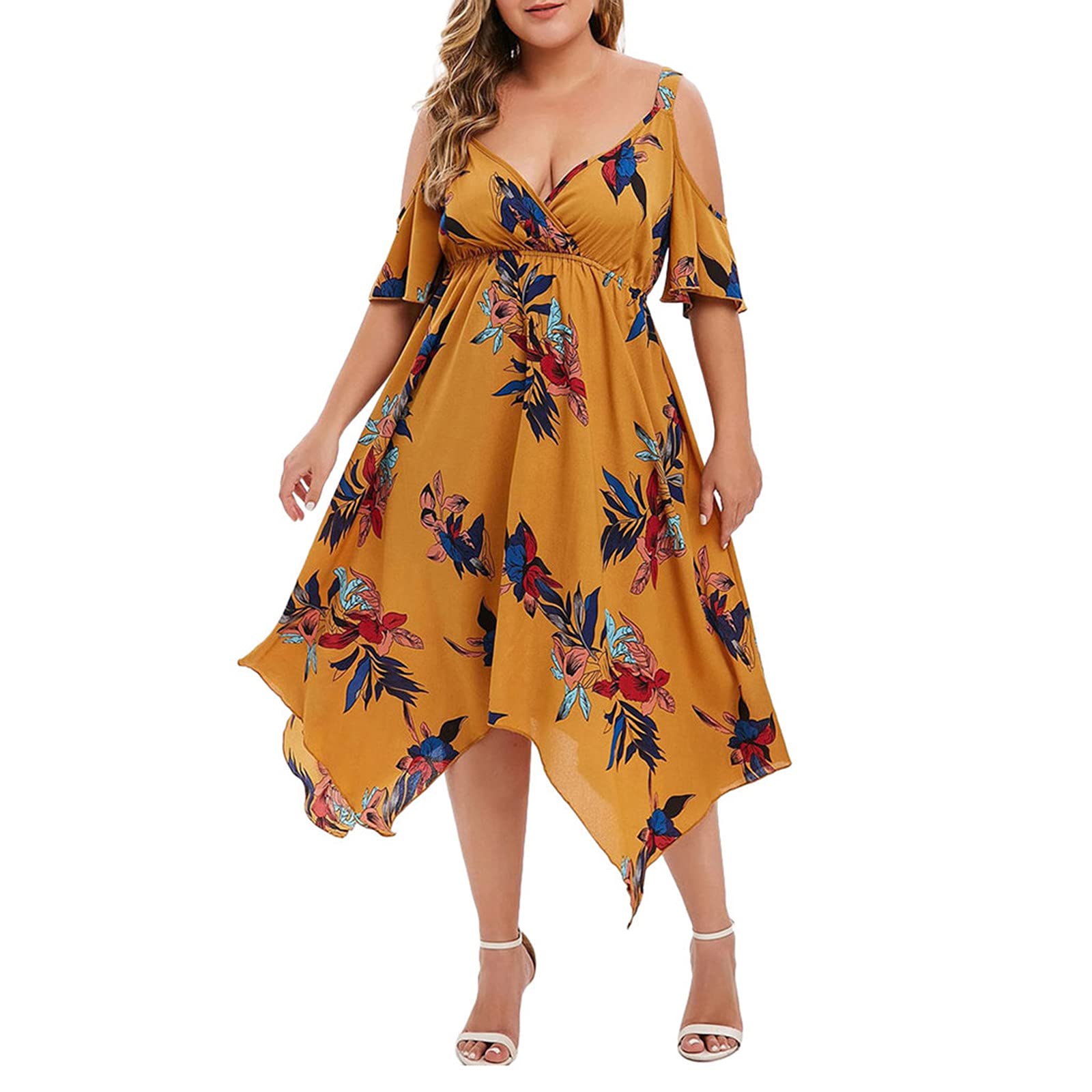 Plus Size Maxi Dress for Women - Floral Print Long Summer Dress with Sexy Lace Cold Shoulder - Elegant Loose Fit for Wedding Guest, Beach Vacation & Special Occasions