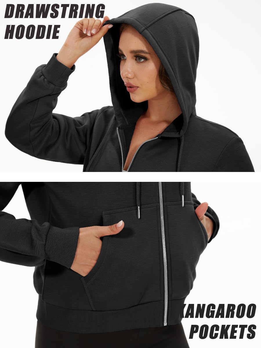 MAGCOMSEN Women's Fleece Lined Cropped Hoodie - Full Zip Up Jacket with Pockets | Soft & Warm Winter Sweatshirt for Casual Outfits, Gym, and Outdoor Activities
