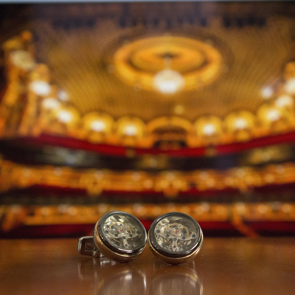 KingCuffs Luxury Tourbillon Watch Movement Round Cufflinks with Gold Rim - Perfect for Weddings, Business Meetings & Formal Events