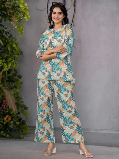 Stylish Vibrant Garden Muse Cotton Co-Ord Set for Women | Trendy Matching Outfit | Perfect for Summer Picnics, Beach Vacations & Casual Outings