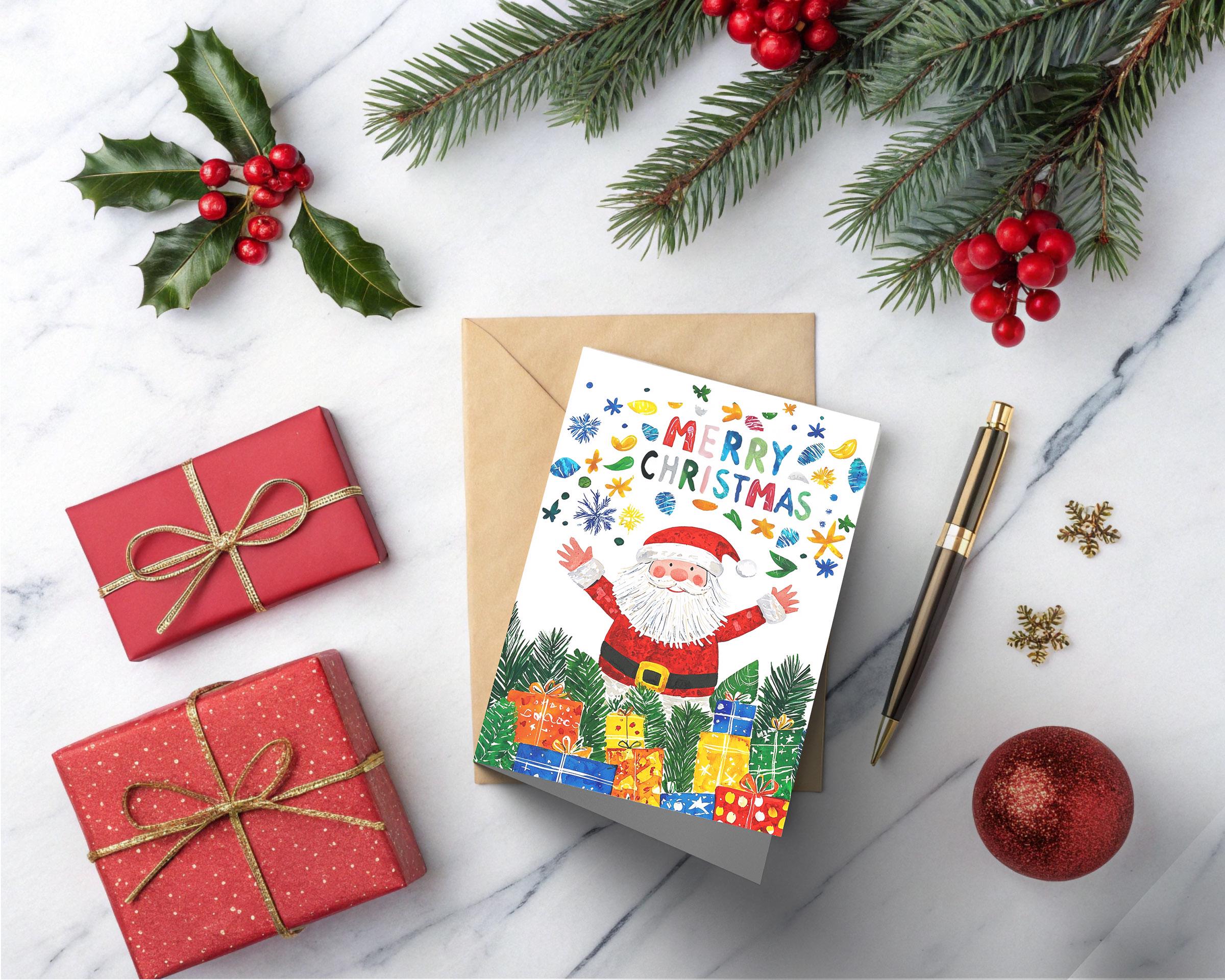Festive Santa Claus Christmas Cards with Colorful Presents - Merry Holiday Greetings for Kids & Family - Perfect for Holiday Parties, School Events & Gift Exchanges
