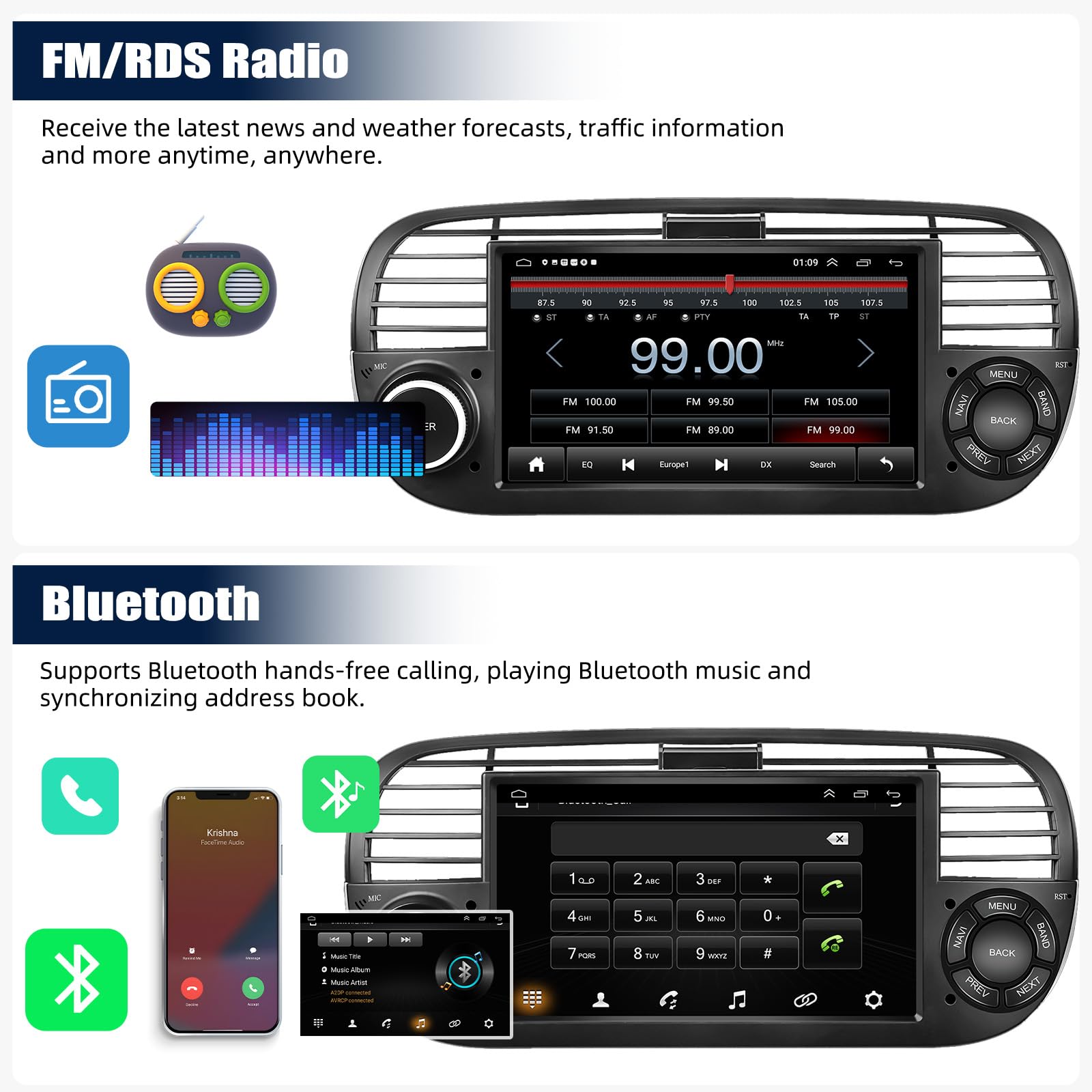 CAMECHO 7 Inch Android 13 Car Stereo for Fiat 500 2007-2015 - Wireless Apple CarPlay & Android Auto, Double Din Touchscreen with GPS Navigation, Bluetooth, HiFi Audio, WiFi, FM Radio & Rear View Camera - Perfect for Upgrading Your Car Entertainment System