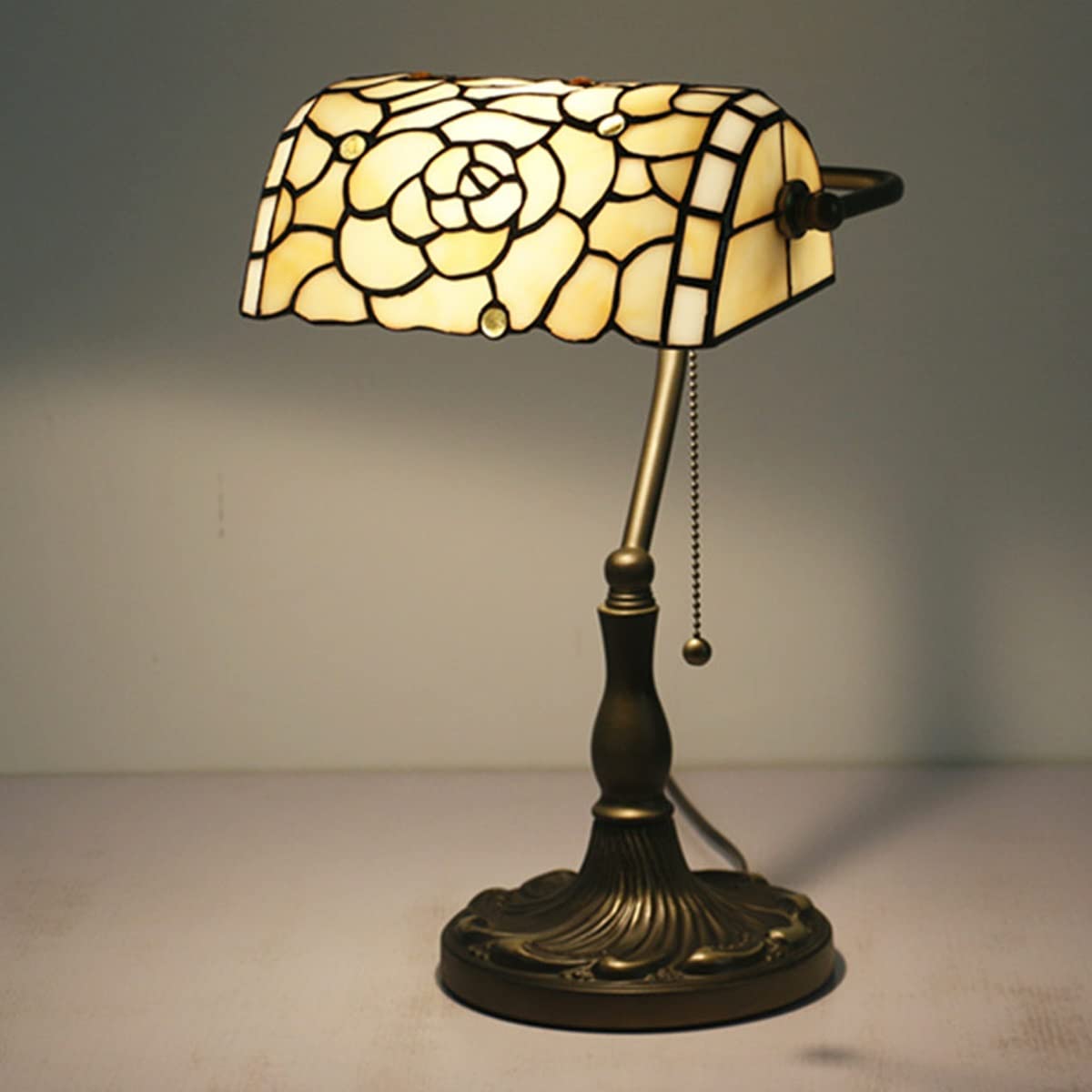 Tiffany Style Desk Lamp - Handmade White Flower Glass Shade with Pull Switch | Banker's Lamp & Decorative Table Light for Office, Bedside, Living Room, Bedroom, Bar & Cafe | Perfect for Reading, Study & Home Decor