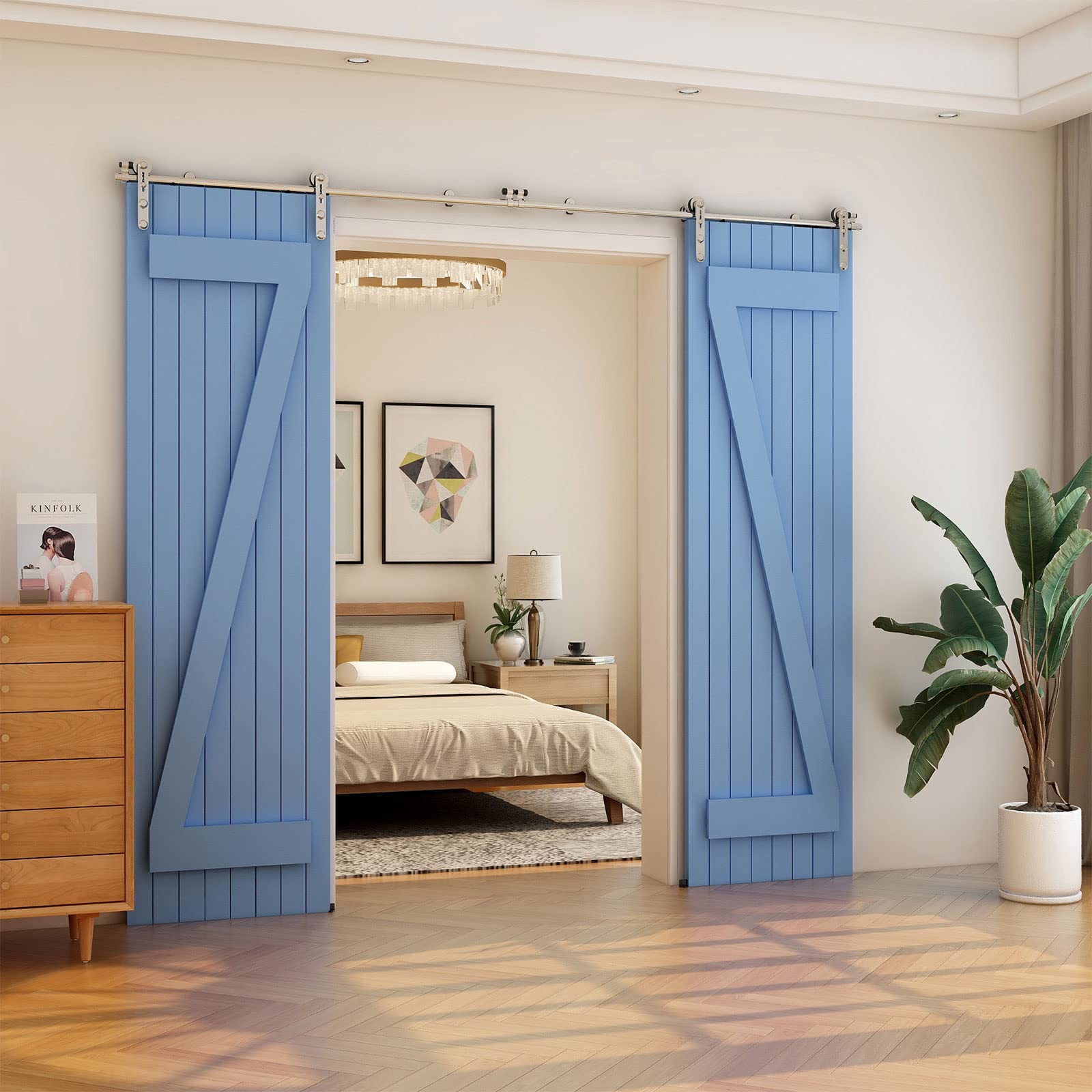 TSMST 7FT Heavy Duty Stainless Steel Sliding Barn Door Hardware Kit - Smooth & Quiet Double Wood Door Track (I Style) - Perfect for Bedrooms, Closets & Farmhouse Style Homes