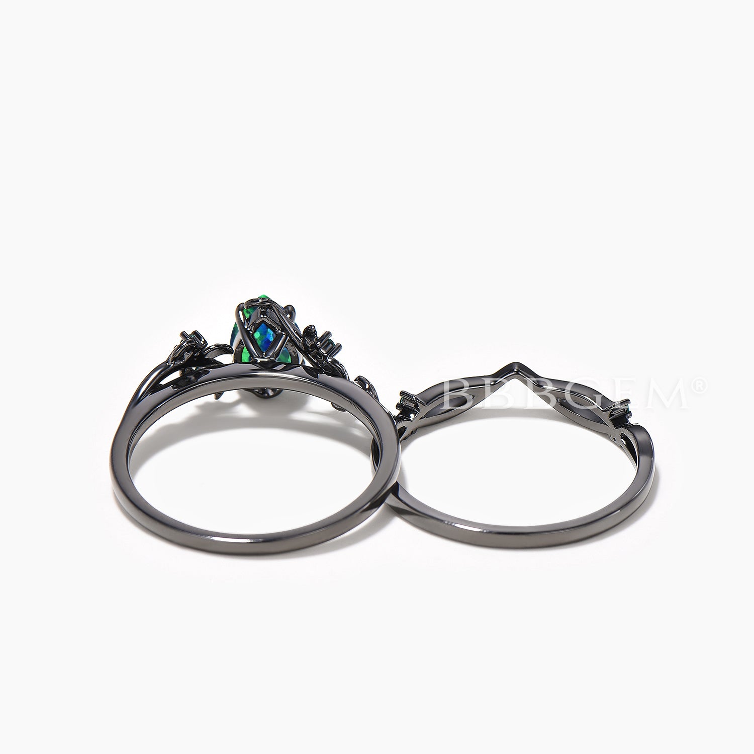 Natural Black Opal Engagement Ring with Emerald Accents - 14K Black Gold Bridal Set for Women, Perfect for Weddings, Anniversaries & Special Occasions