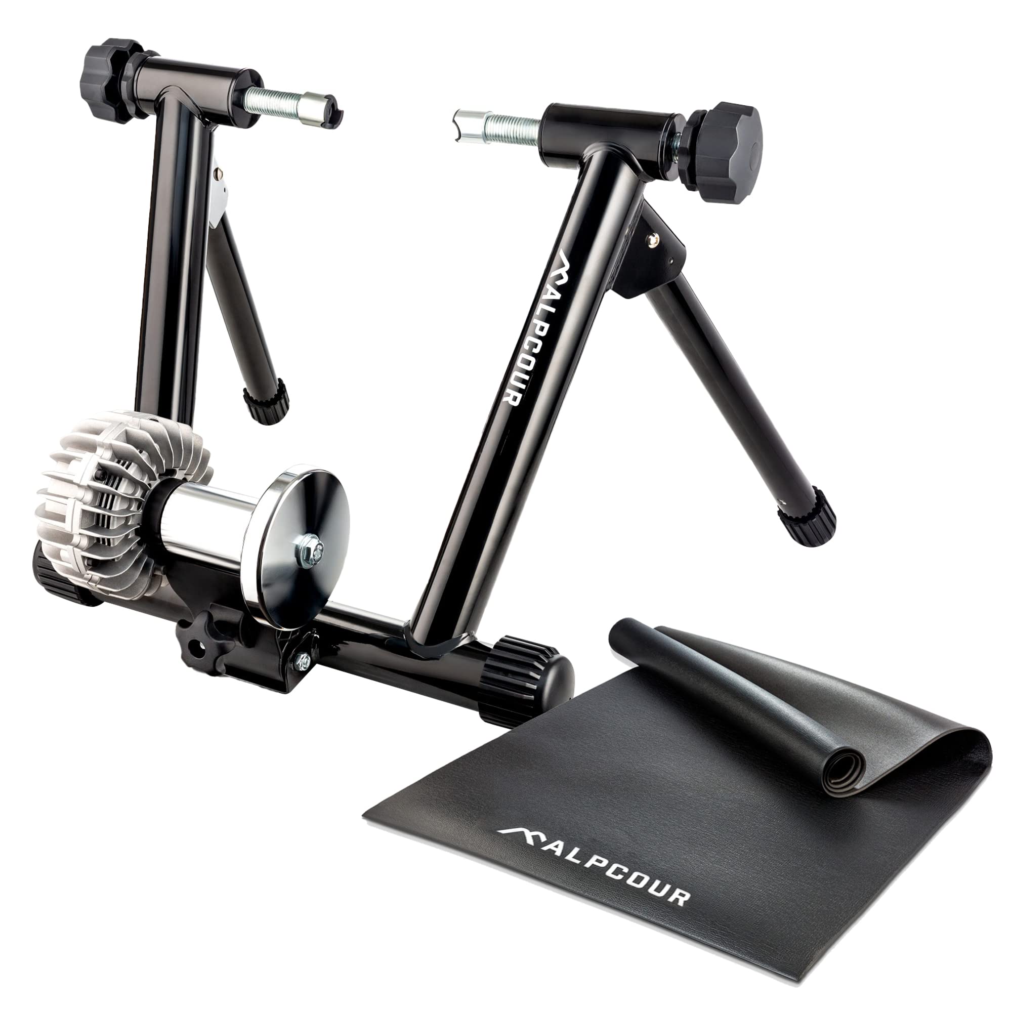 Alpcour Fluid Bike Trainer Stand for Indoor Cycling – Portable Stainless Steel Exercise Bike Stand with Noise Reduction & Progressive Resistance, Dual-Lock System – 36”x78” Multipurpose Bike Trainer Mat for Home Gym, Winter Training & Zwift Workouts