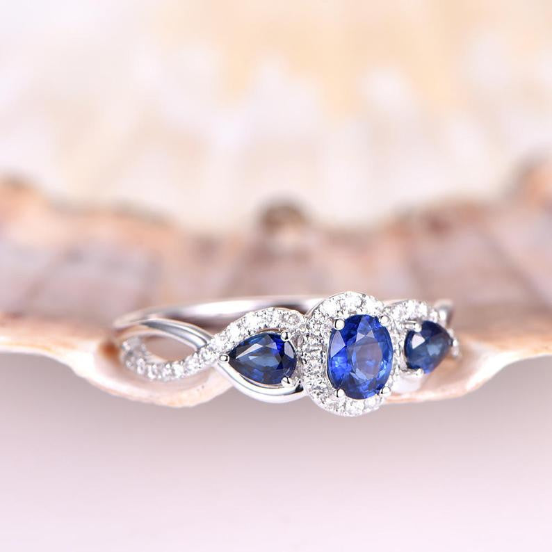 Blue Sapphire Engagement Ring for Men – 4x5mm Oval & 3x4mm Pear Cut Lab-Grown Sapphire with Diamonds in 14K White Gold – Perfect for Proposals, Weddings & Anniversary Gifts