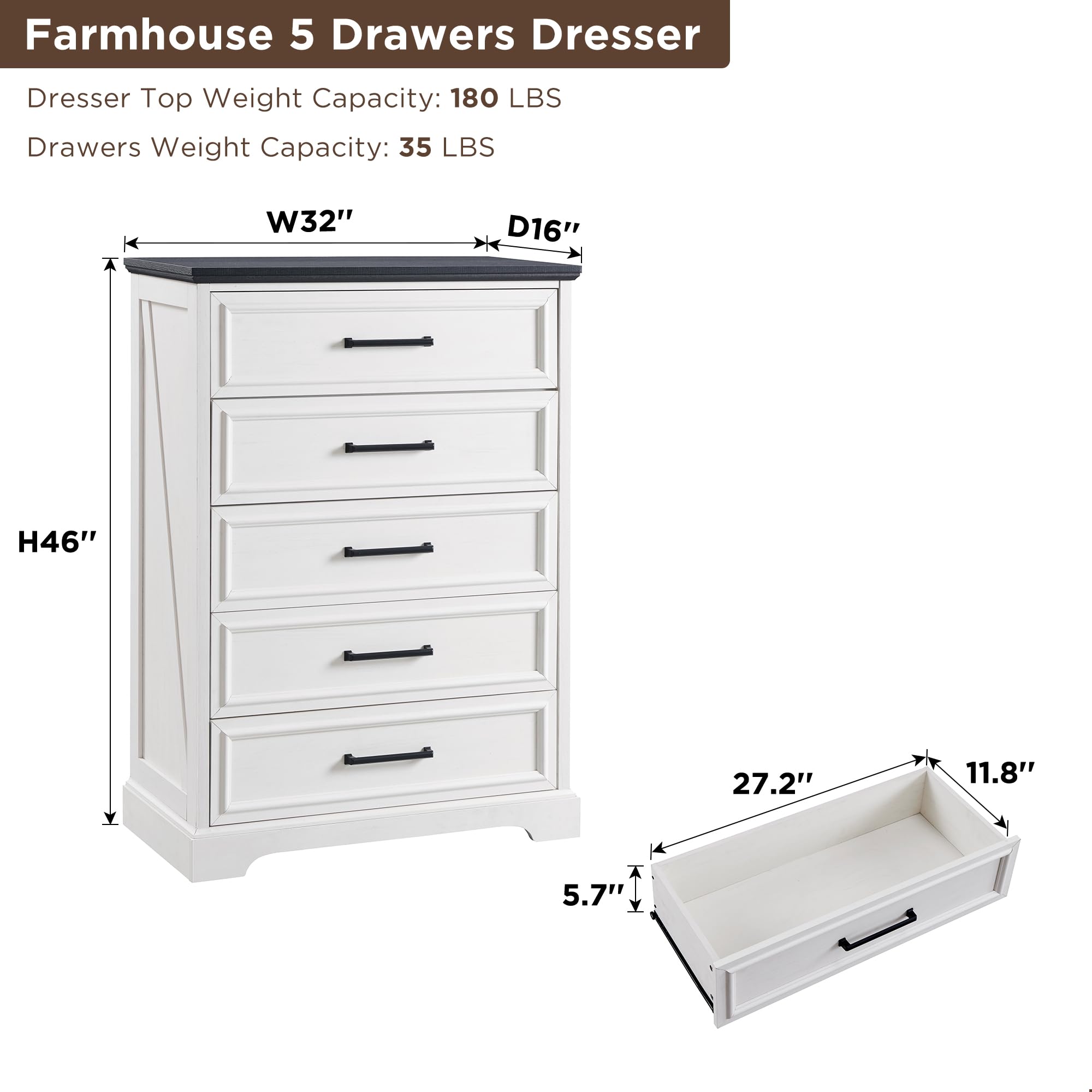 Rustic Farmhouse 5-Drawer Dresser Chest for Bedroom - 46