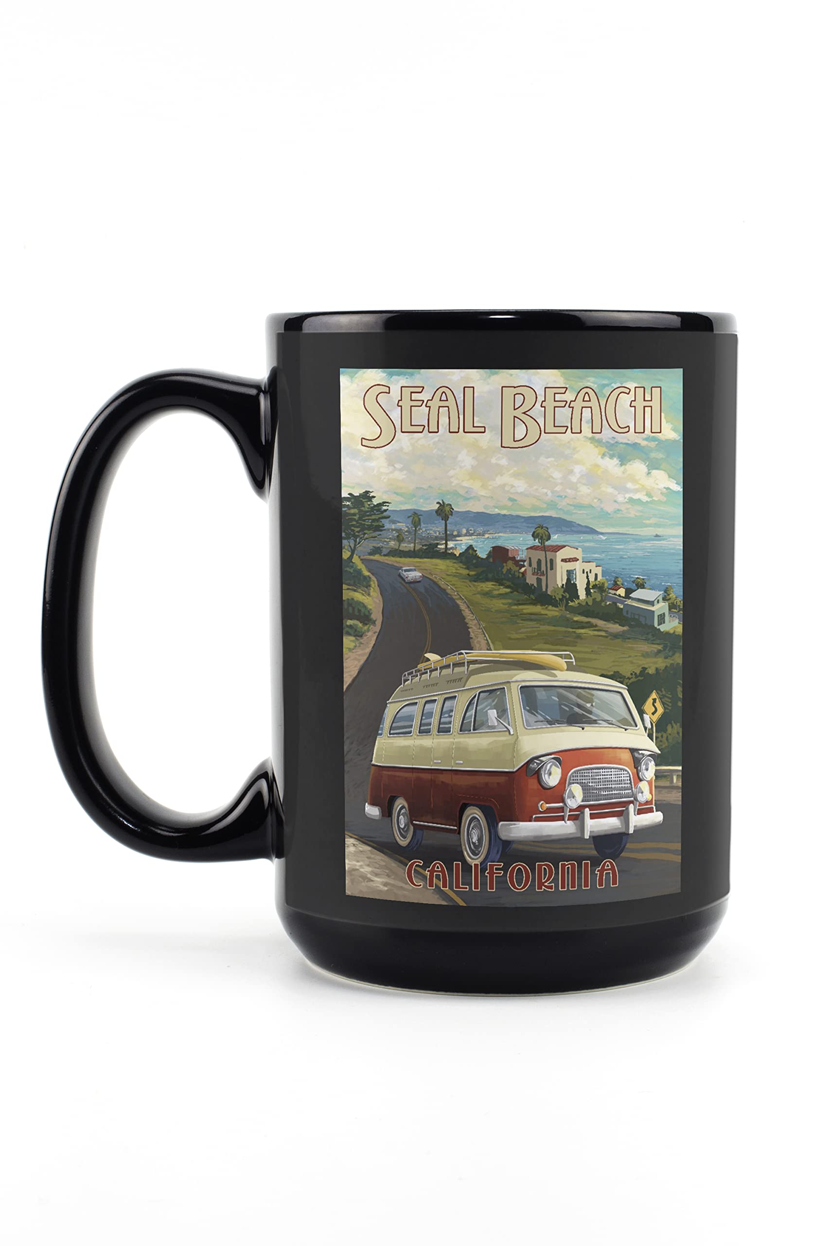 California Seal Beach Camper Van Cruise 15oz Black Ceramic Coffee & Tea Mug - Dishwasher & Microwave Safe - Perfect for Camping, Road Trips & Outdoor Adventures
