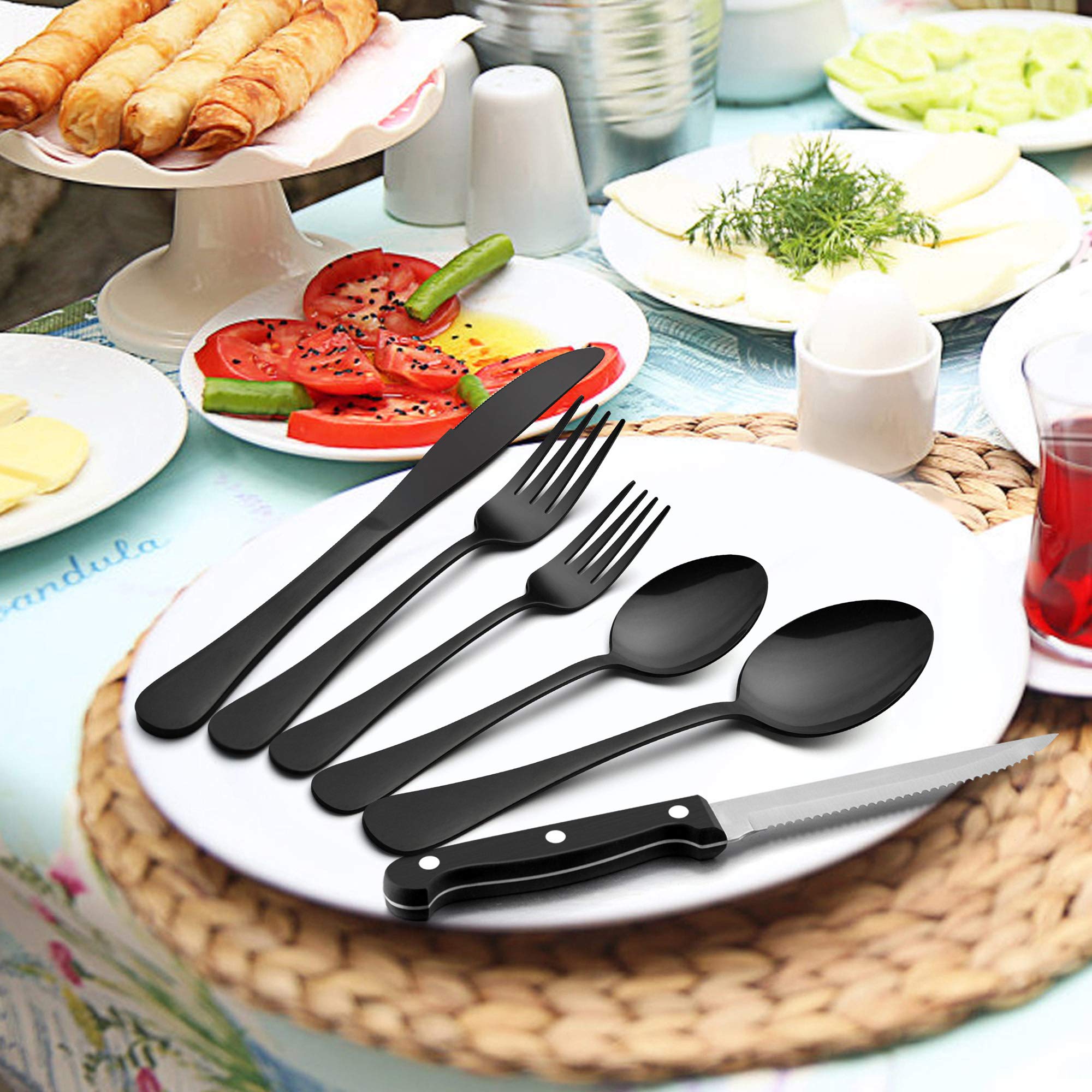 24-Piece Stainless Steel Flatware Set - Black Silverware with Steak Knives & Organizer for 4 People | Dishwasher Safe Mirror Polished Cutlery Set | Perfect for Wedding, Home Dinner Party & Restaurant Use