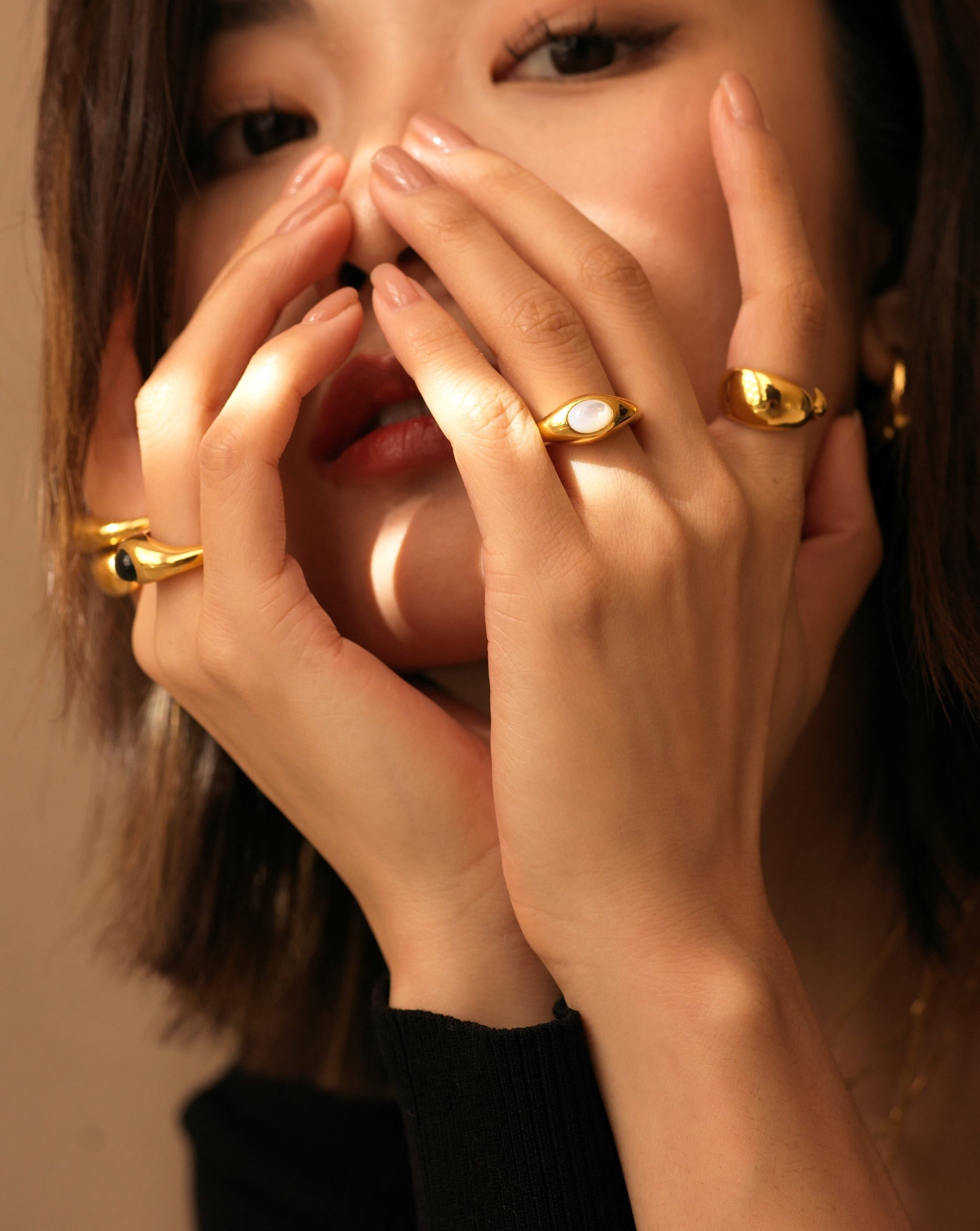 Savi Sculptural Gemstone Stacking Ring - 18k Gold Vermeil & Mother of Pearl Jewelry for Women | Elegant Layering Rings for Everyday Wear, Gift Giving & Special Occasions