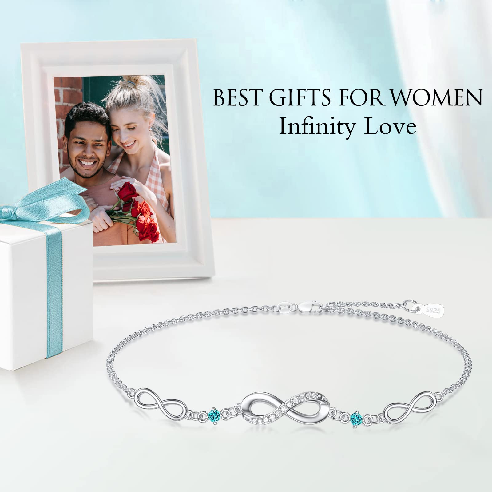 Infinity Bracelet for Women - 925 Sterling Silver Adjustable Birthstone Charm Link Bracelet - Christmas, Birthday Gifts for Wife, Mom, Her - Perfect for Holidays, Anniversaries & Special Occasions