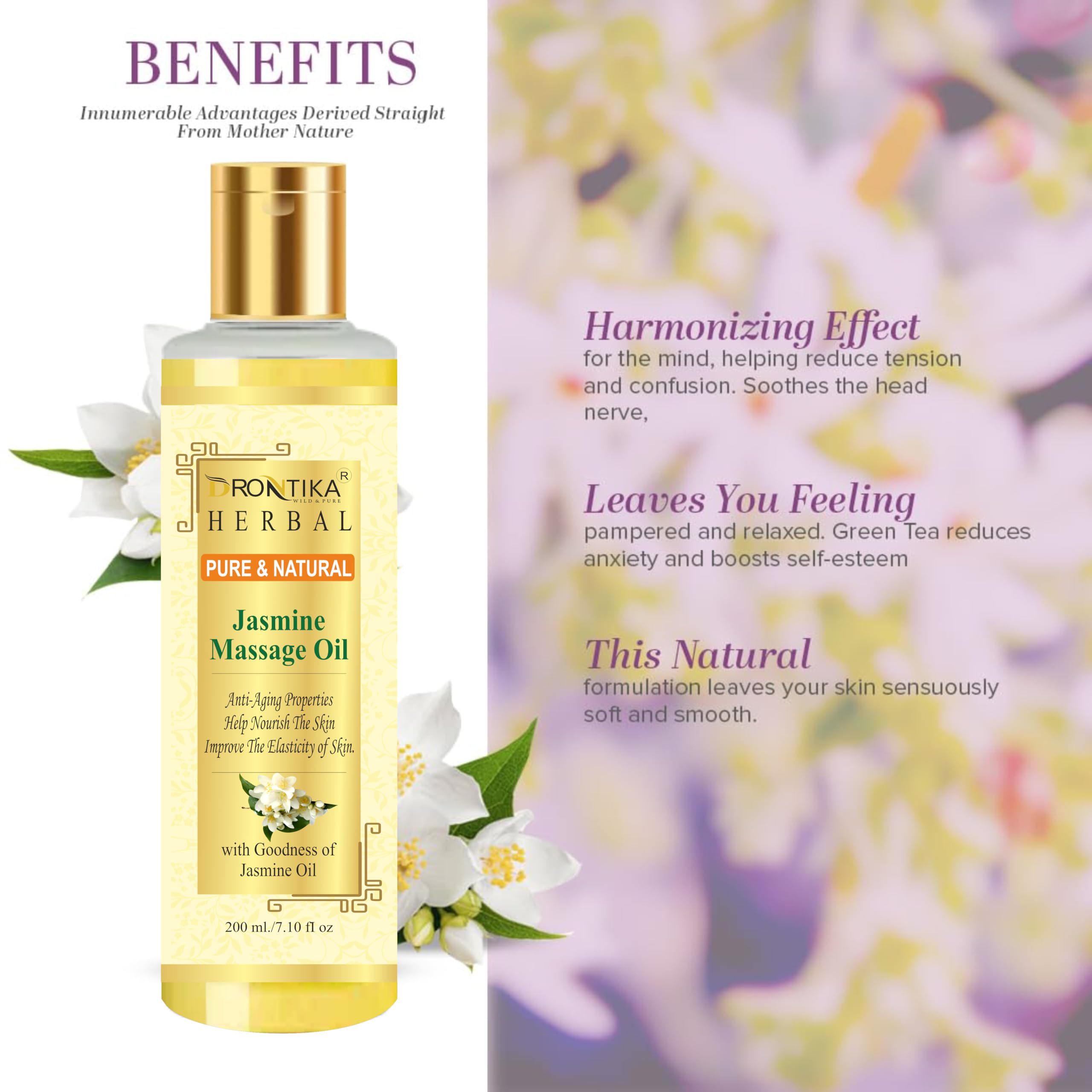 100% Pure Jasmine Massage Oil with Almond, Olive, Jojoba & Sesame Oils + Vitamin E - 200ml | Relaxing Aromatherapy for Spa, Couples & Self-Care | Drontika Herbal
