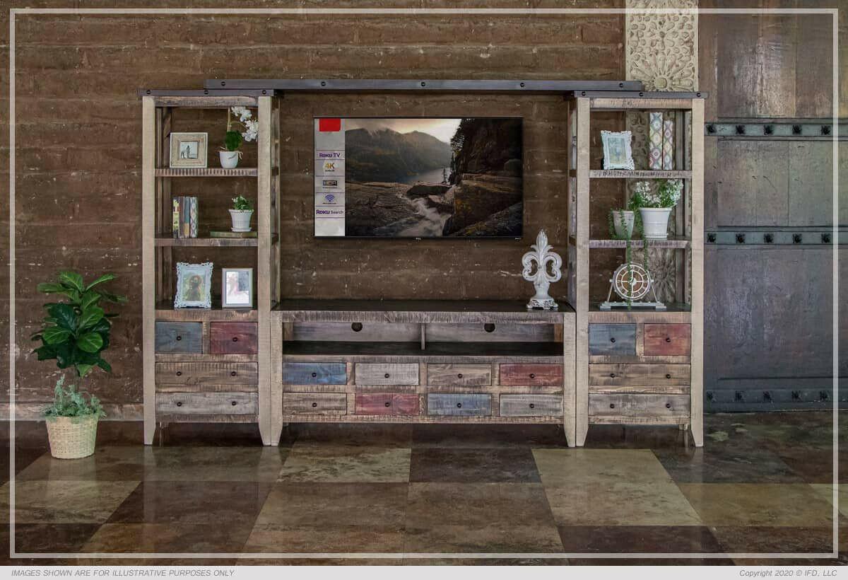 Antique Multi-Color IFD964 Wall Unit Entertainment Center for Living Room - Stylish TV Stand with Storage for Home Theater Setup