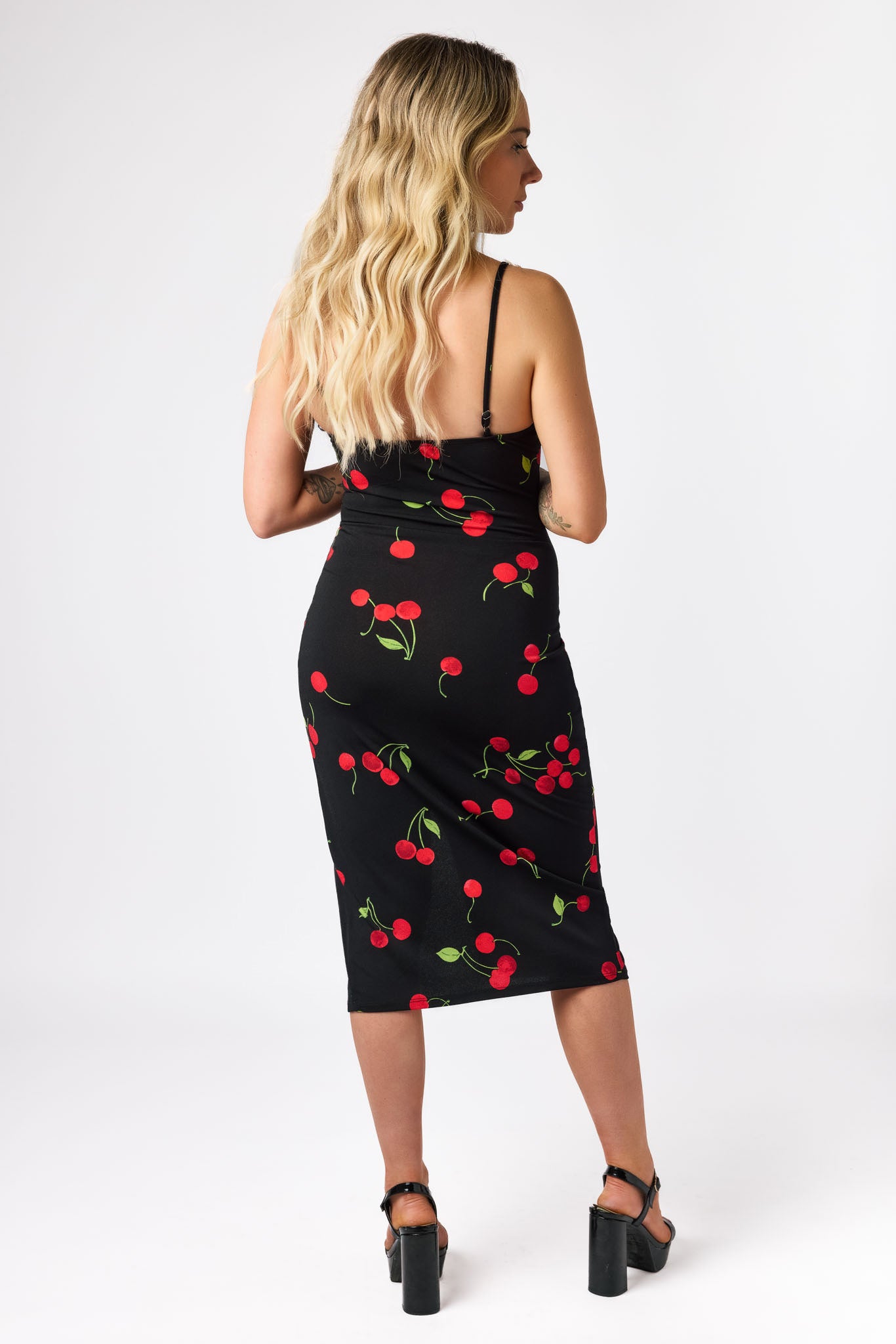 Cherry Spaghetti Strap Midi Dress with Side Slit - Flowy Summer Dress for Women, Casual & Party Wear, Beach Vacation Outfit