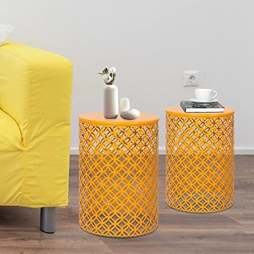 2-Piece Round Metal End Tables - Modern Yellow Nightstands & Coffee Side Tables for Living Room, Bedroom, or Office
