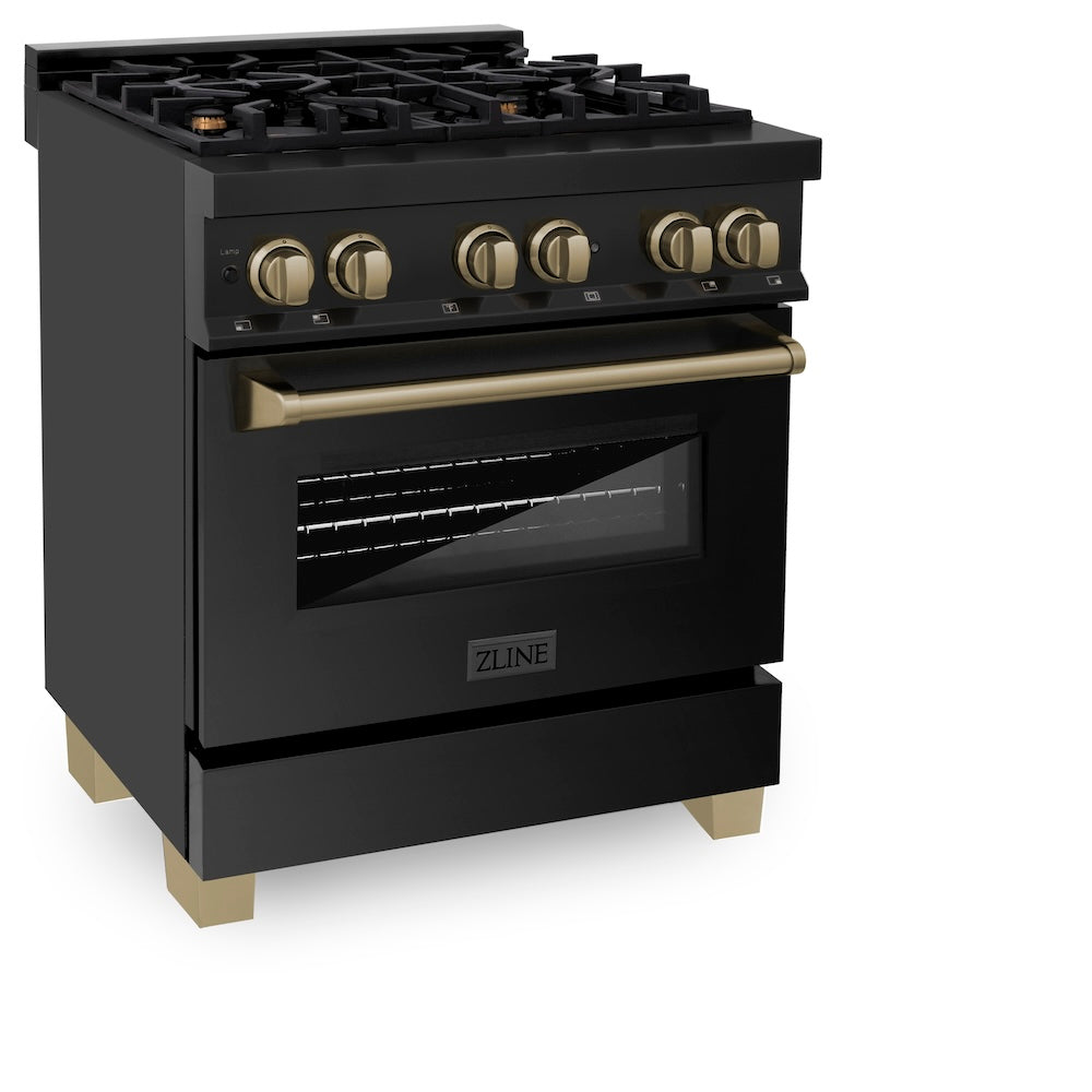 ZLINE Autograph Edition 30-inch Black Stainless Steel Dual Fuel Range with Range Hood - Champagne Bronze Accents | Professional Kitchen Package (2AKP RABRH30 CB) | Perfect for Modern Home Chefs & Gourmet Cooking