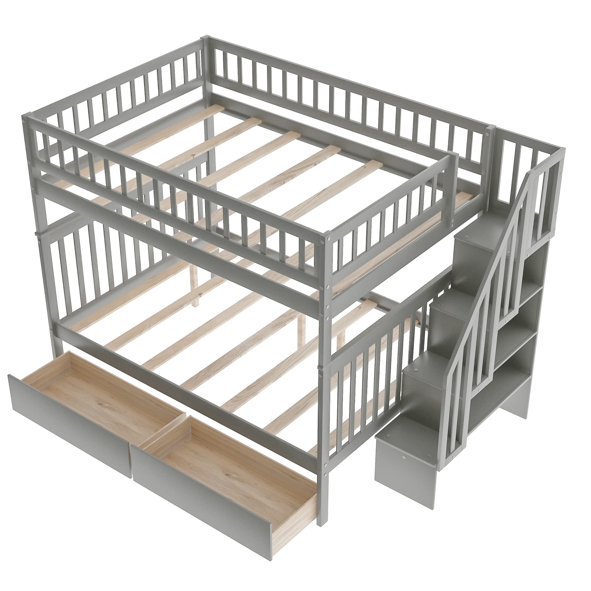 Harper & Bright Designs Full Over Full Bunk Bed with Drawers - Solid Wood Bunk Bed Frame, Full Size Bunk Bed with Storage, Convertible Bunk Bed in Gray - Perfect for Kids' Bedroom, Guest Room & Space-Saving Solutions