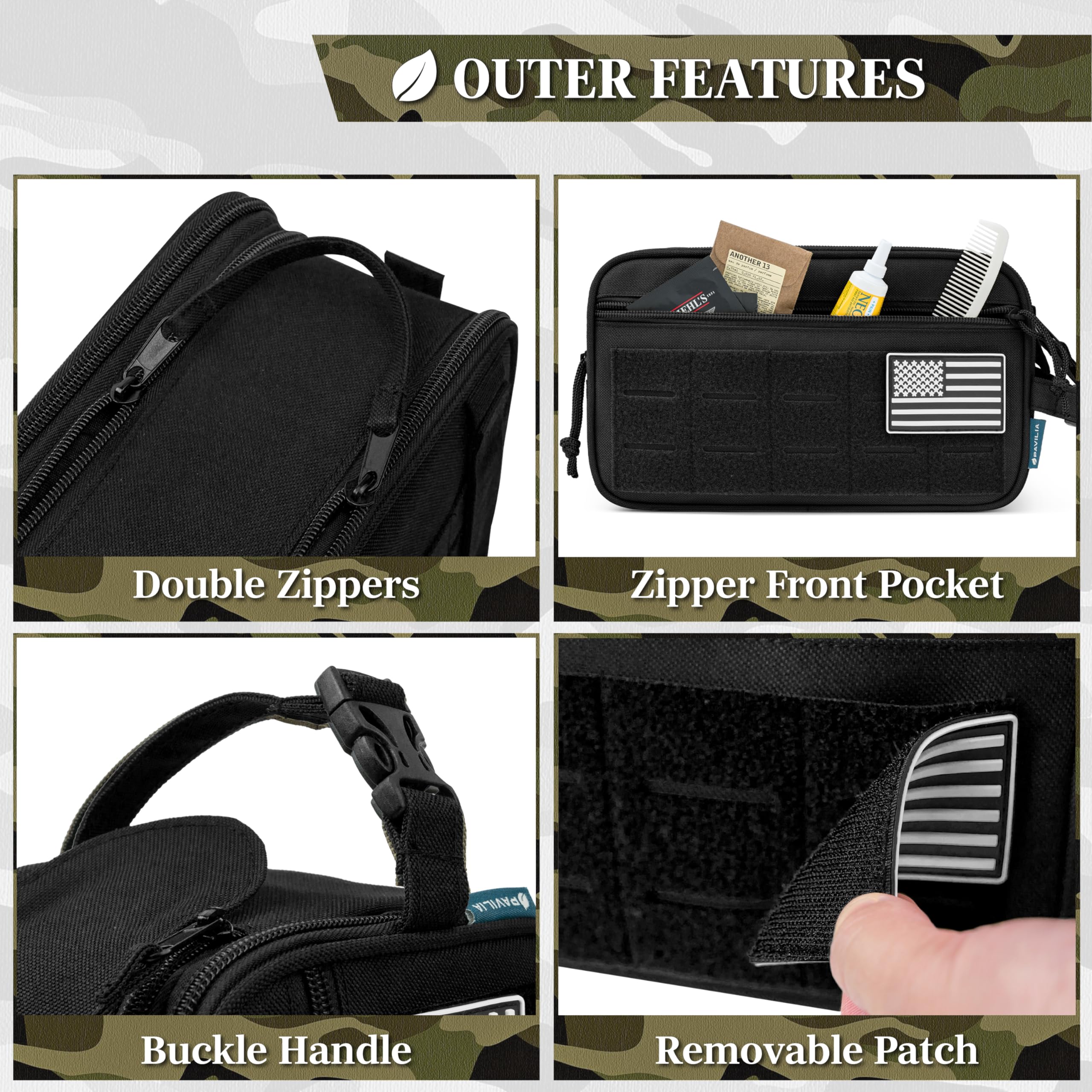Pavilia Tactical Toiletry Bag for Men - Waterproof Military Dopp Kit with Molle Pouch | Travel Hygiene & Grooming Organizer for Shaving Essentials | Perfect for Camping, Gym & Business Trips (Black)