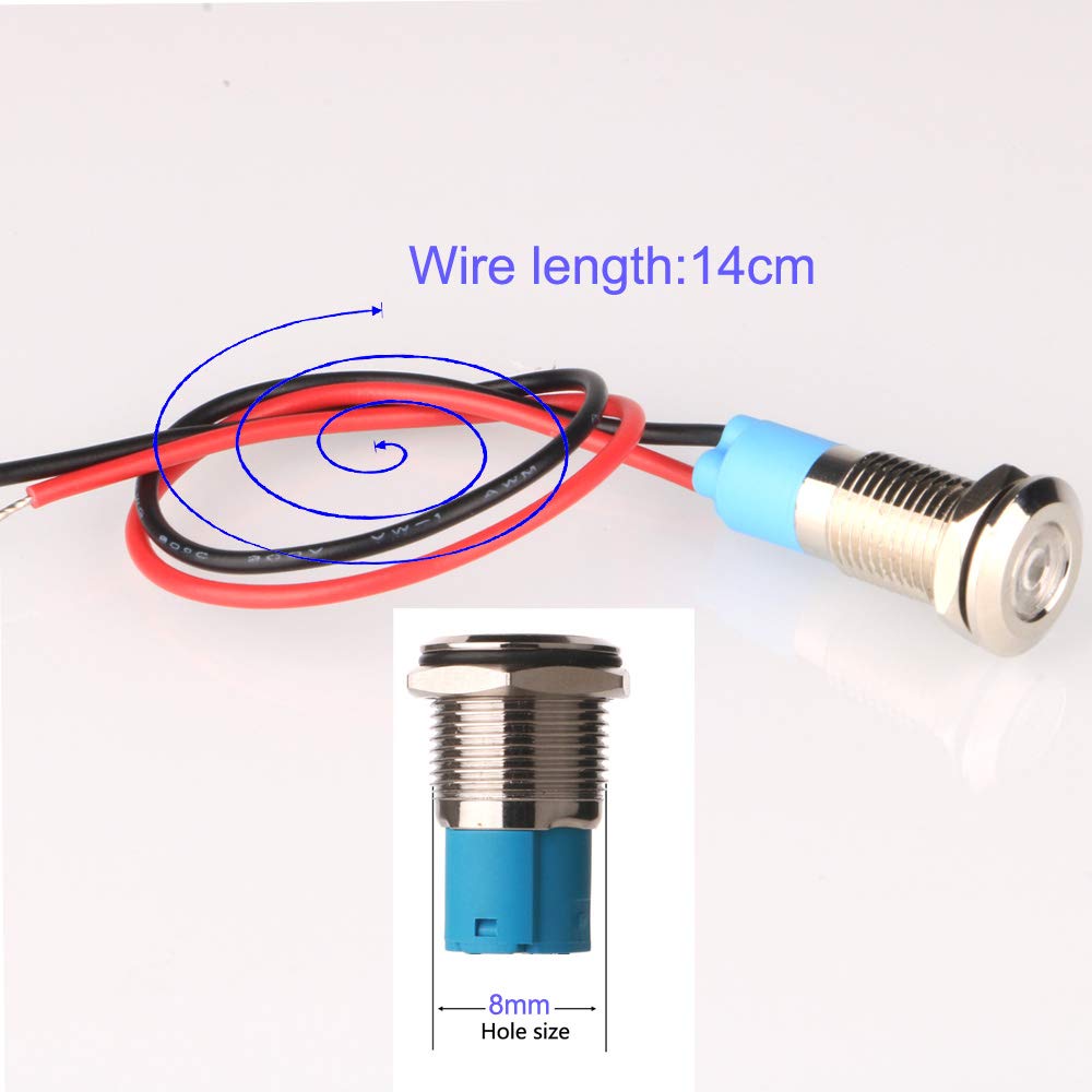 5Pcs 8mm LED Metal Indicator Light - AC/DC 12-24V Waterproof Signal Lamp with Wire - for Car Dashboard, Marine, Industrial Equipment & DIY Projects