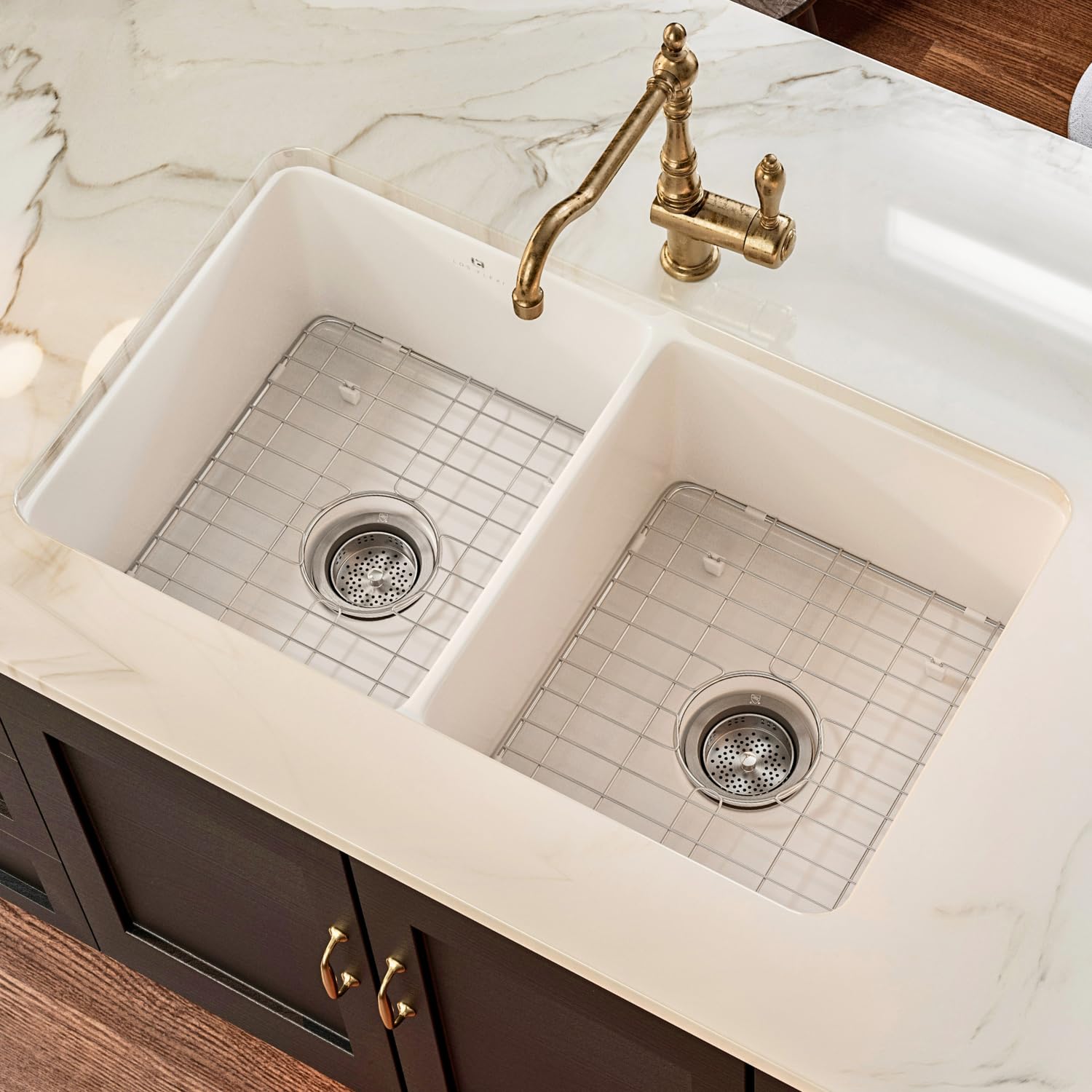 32 Inch Double Bowl White Fireclay Kitchen Sink - 50/50 Split Undermount/Drop-In Design - 32