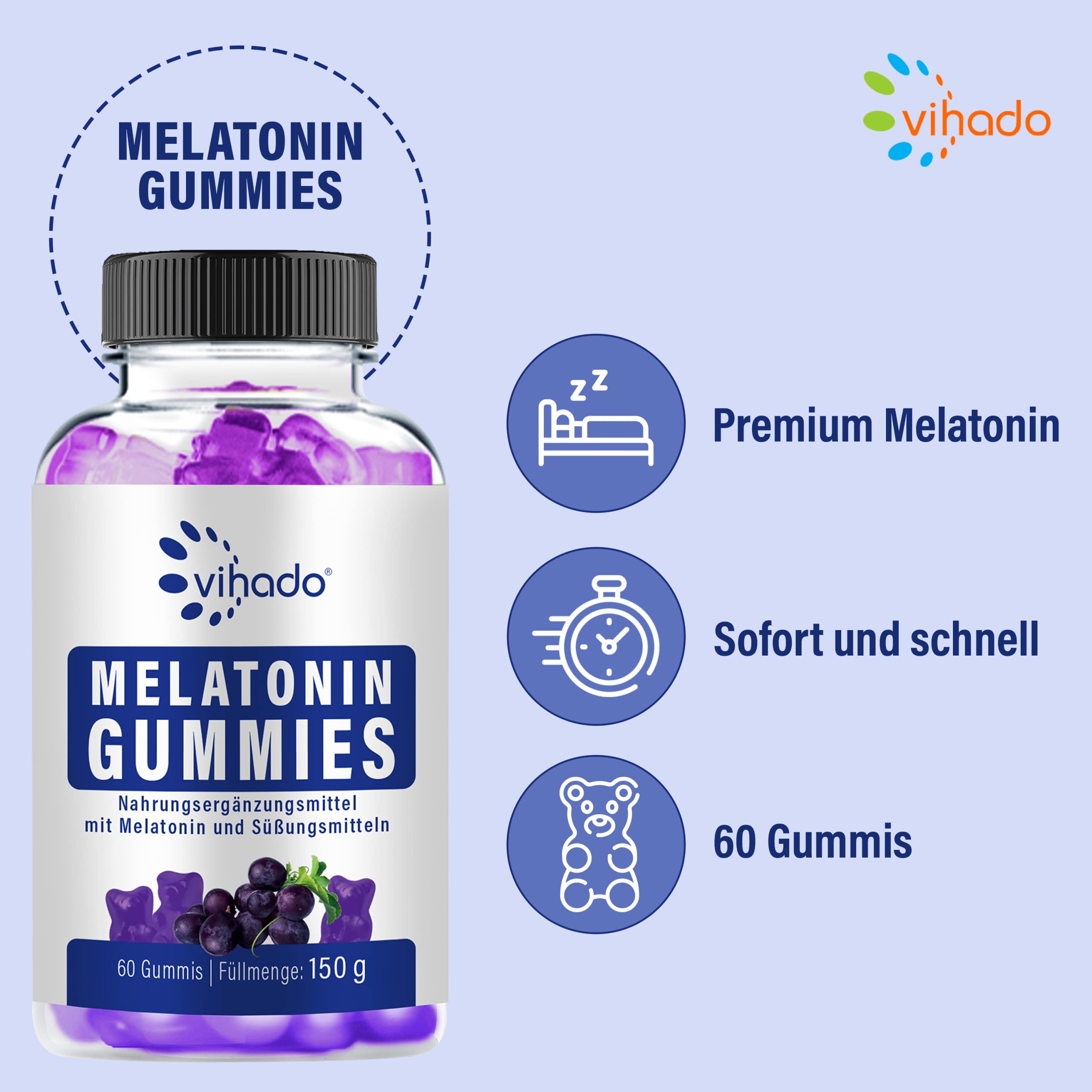 Vihado Melatonin Gummies for Sleep Support - High Potency, Sugar-Free, Vegan with Vitamin D3, K2, Passionflower & Chamomile - 60 Count for Better Sleep & Relaxation - Perfect for Nighttime Use, Travel & Stress Relief