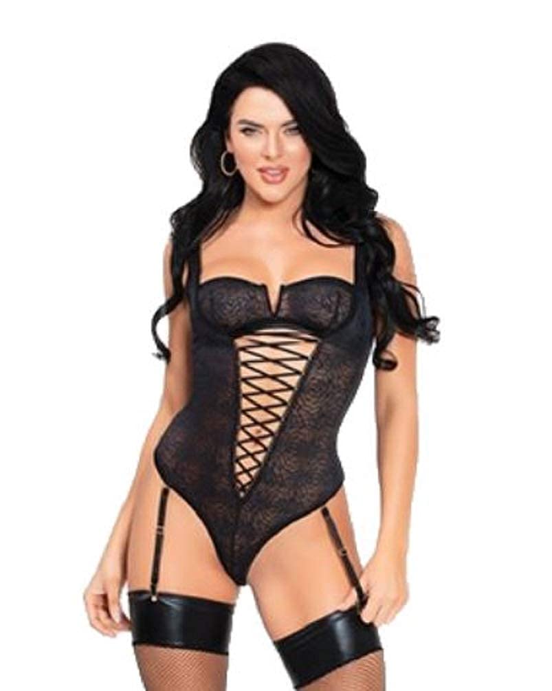 Black Rose Pattern Lace-Up Front Teddy with Removable Garters - Sexy Lingerie for Valentine's Day & Romantic Nights