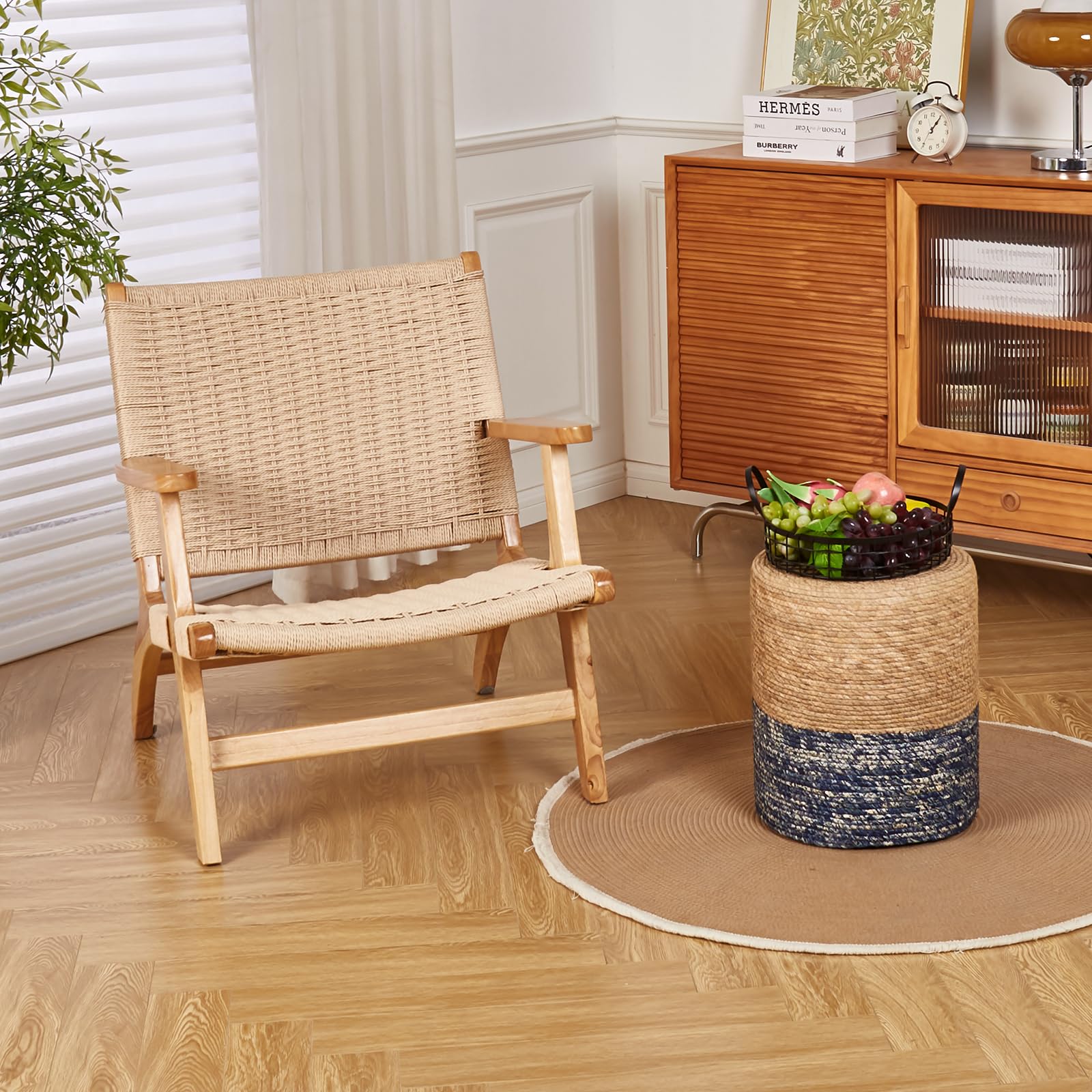 Wimarsbon Natural Seagrass Handwoven Round Ottoman Footstool - Eco-Friendly Living Room & Outdoor Seating (Natural & Blue) - Perfect for Home Decor, Patio Furniture, and Cozy Reading Nooks