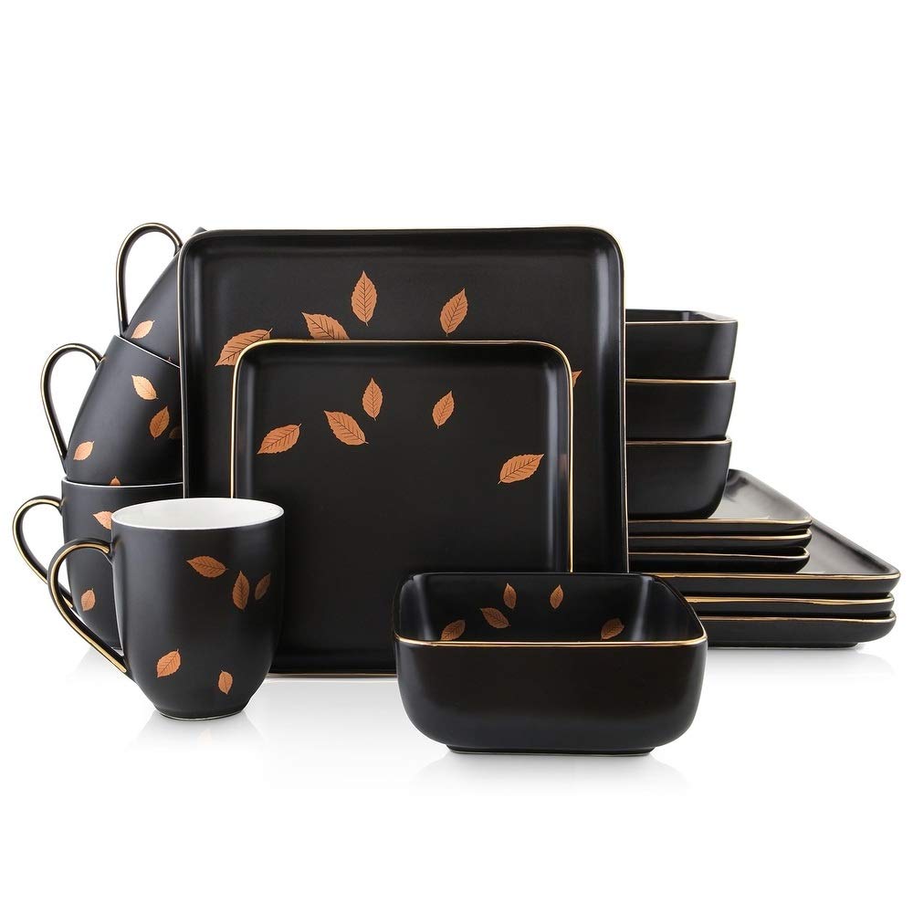 32-Piece Modern Gold Leaf Porcelain Dinnerware Set - Square Black Plates, Bowls & Mugs - Microwave & Dishwasher Safe - 8-Person Table Setting for Formal Dining, Entertaining & Everyday Use