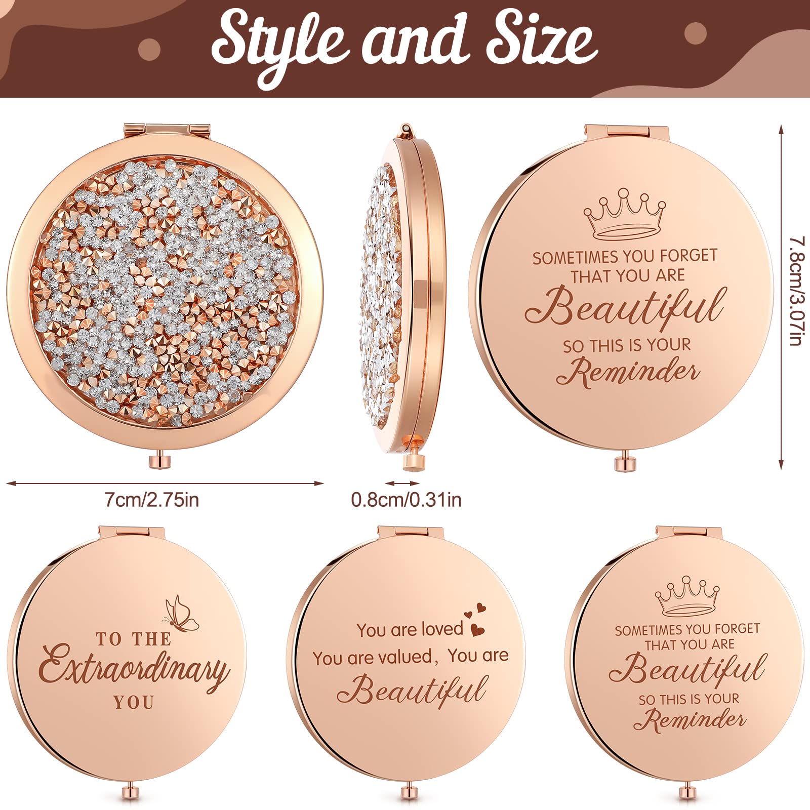 3-Piece Rose Gold Magnifying Compact Makeup Mirror Set - 2.75 Inch Round Travel Handheld Mirror with Inspirational Quote - Perfect for Women's Purses, Travel, and Christmas Gifts (Rose Gold) - Ideal for Home Vanity, Travel Makeup Kit & Thoughtful Gift Giving