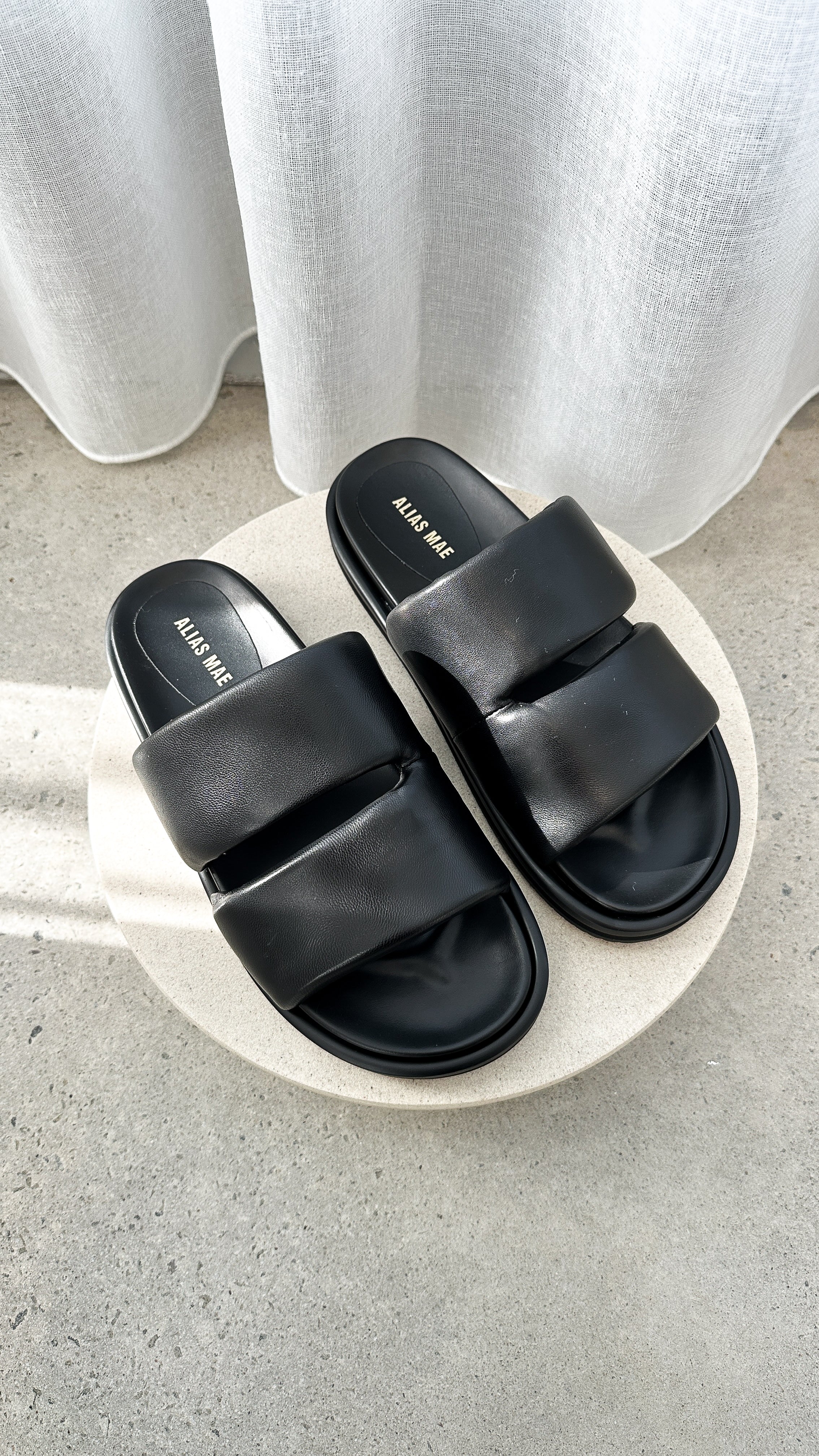 Alias Mae Dawn Slide Sandals - Black Leather Women's Comfortable Slides for Casual Wear, Beach & Home Use